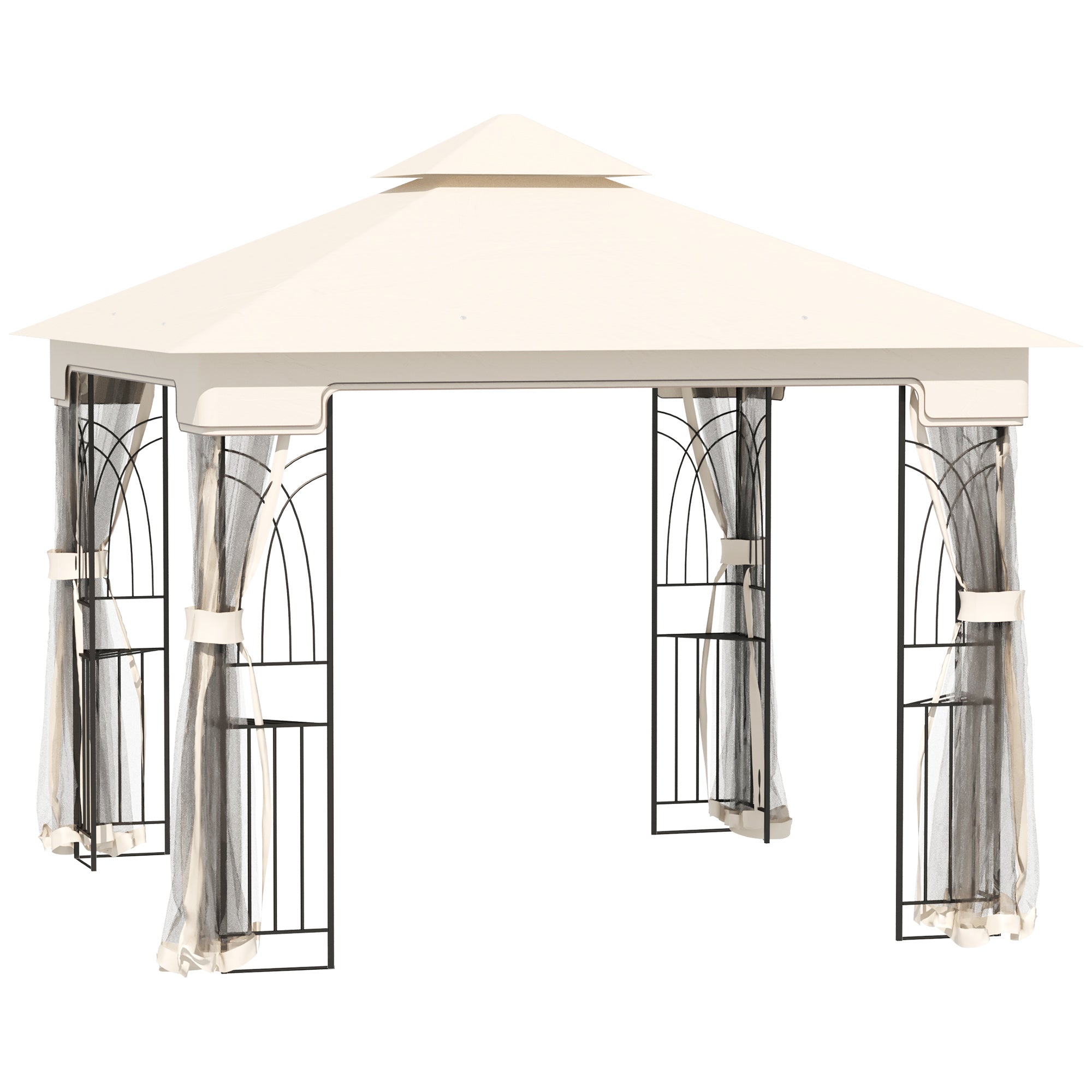 10'x10' Patio Gazebo with Mesh Curtains, Cream, Double Tier Roof, Shelves-DECOROLALA