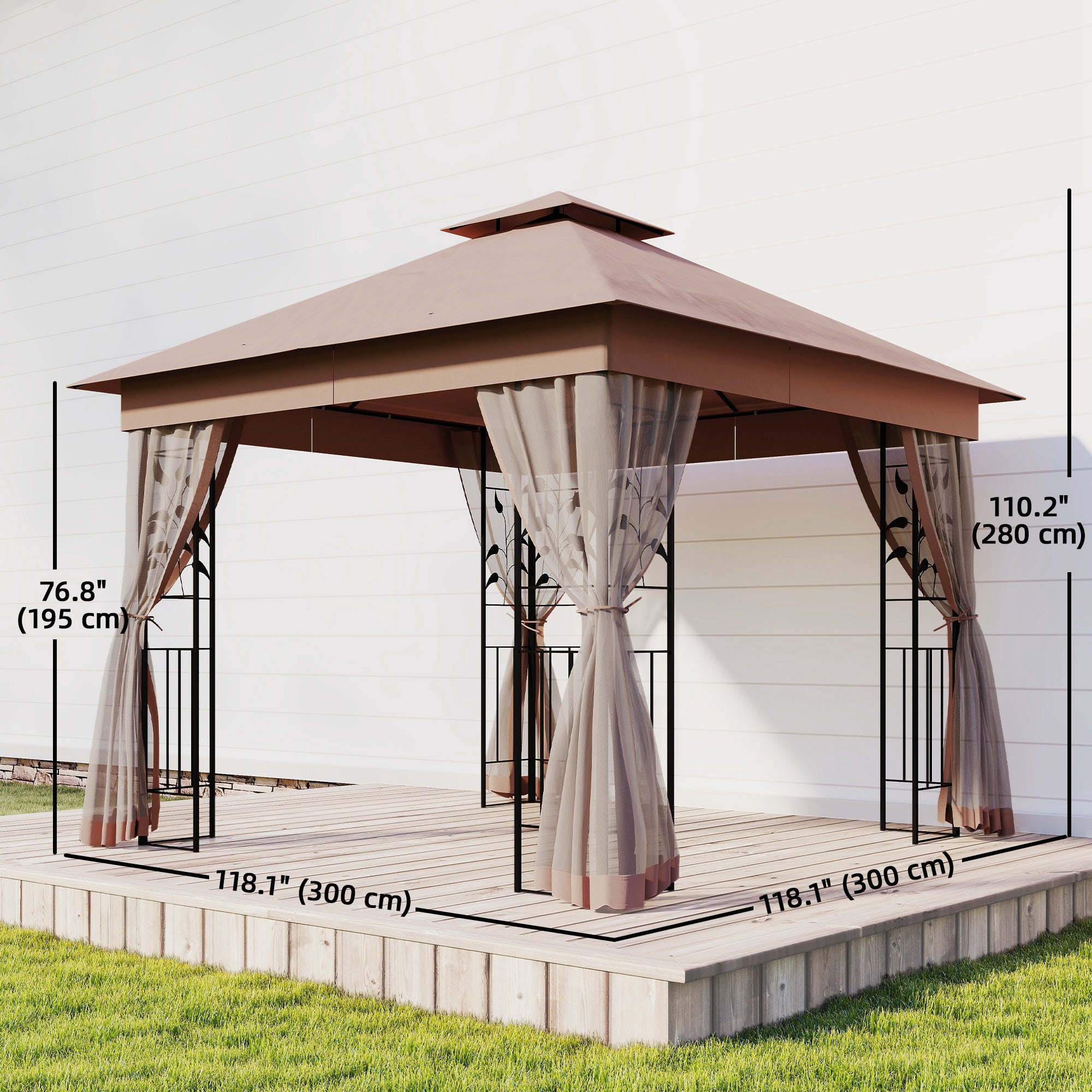 10'x10' Soft-top Steel Patio Gazebo Outdoor Sun Shelter with 2-Tier Polyester Roof, Curtain Sidewalls, Dark Brown-DECOROLALA