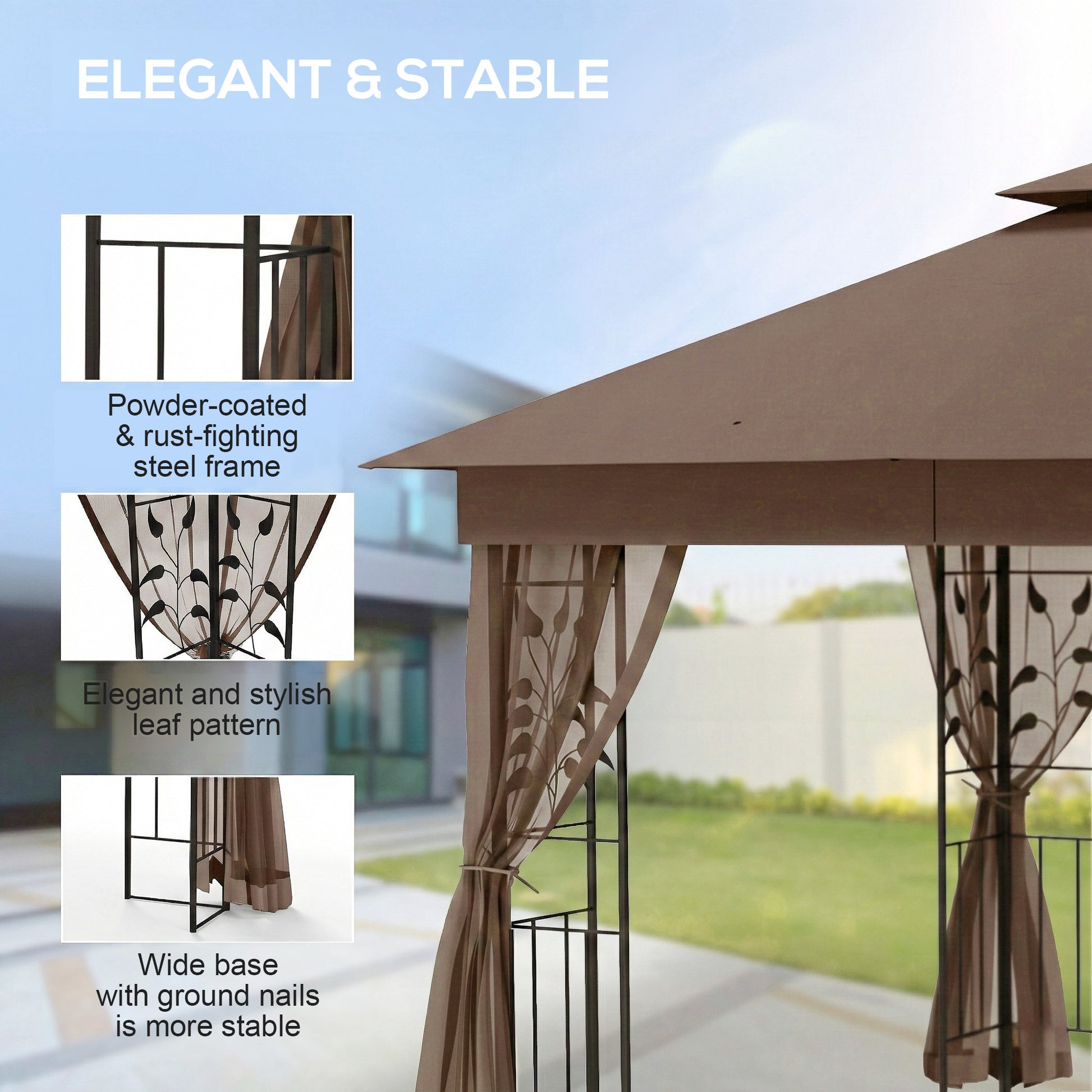 10'x10' Soft-top Steel Patio Gazebo Outdoor Sun Shelter with 2-Tier Polyester Roof, Curtain Sidewalls, Dark Brown-DECOROLALA
