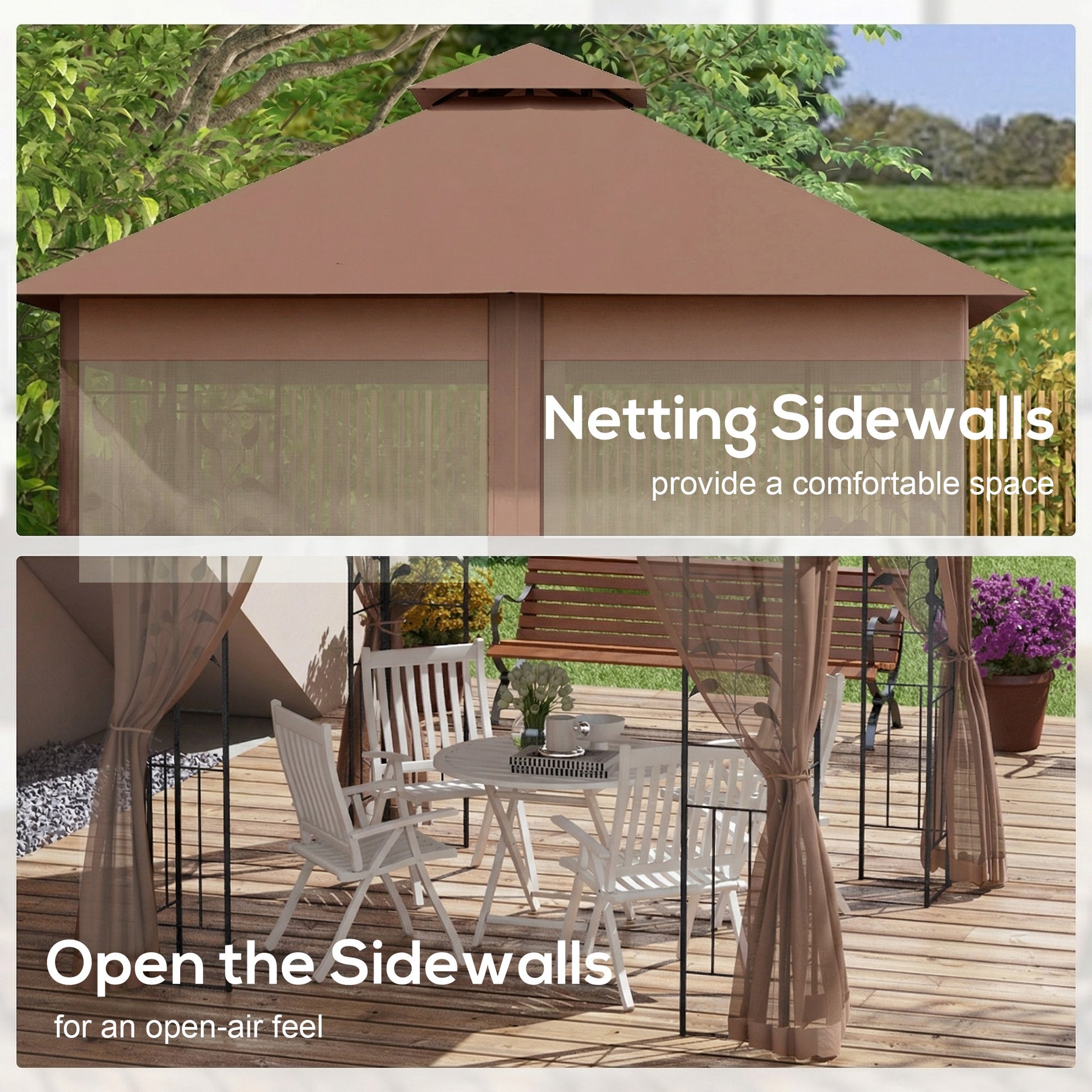 10'x10' Soft-top Steel Patio Gazebo Outdoor Sun Shelter with 2-Tier Polyester Roof, Curtain Sidewalls, Dark Brown-DECOROLALA