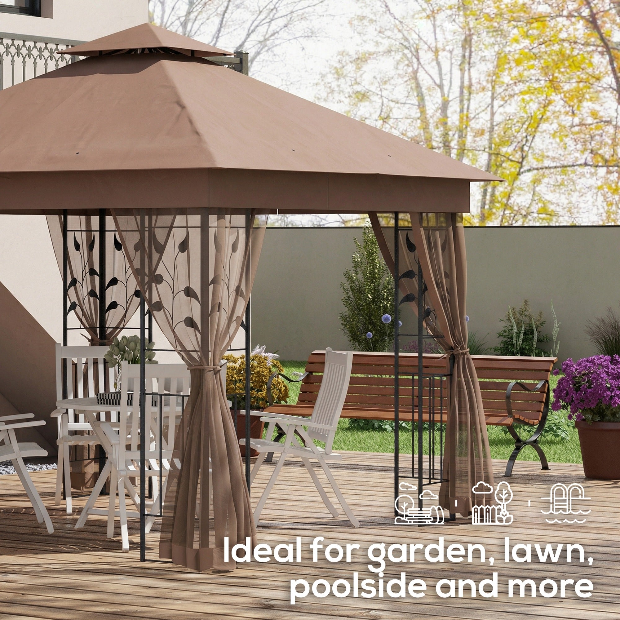 10'x10' Soft-top Steel Patio Gazebo Outdoor Sun Shelter with 2-Tier Polyester Roof, Curtain Sidewalls, Dark Brown-DECOROLALA