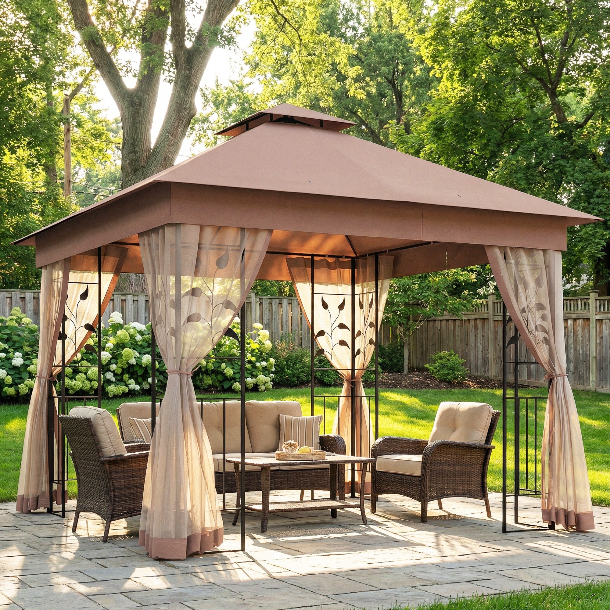 10'x10' Soft-top Steel Patio Gazebo Outdoor Sun Shelter with 2-Tier Polyester Roof, Curtain Sidewalls, Dark Brown-DECOROLALA