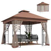 10'x10' Soft-top Steel Patio Gazebo Outdoor Sun Shelter with 2-Tier Polyester Roof, Curtain Sidewalls, Dark Brown-DECOROLALA