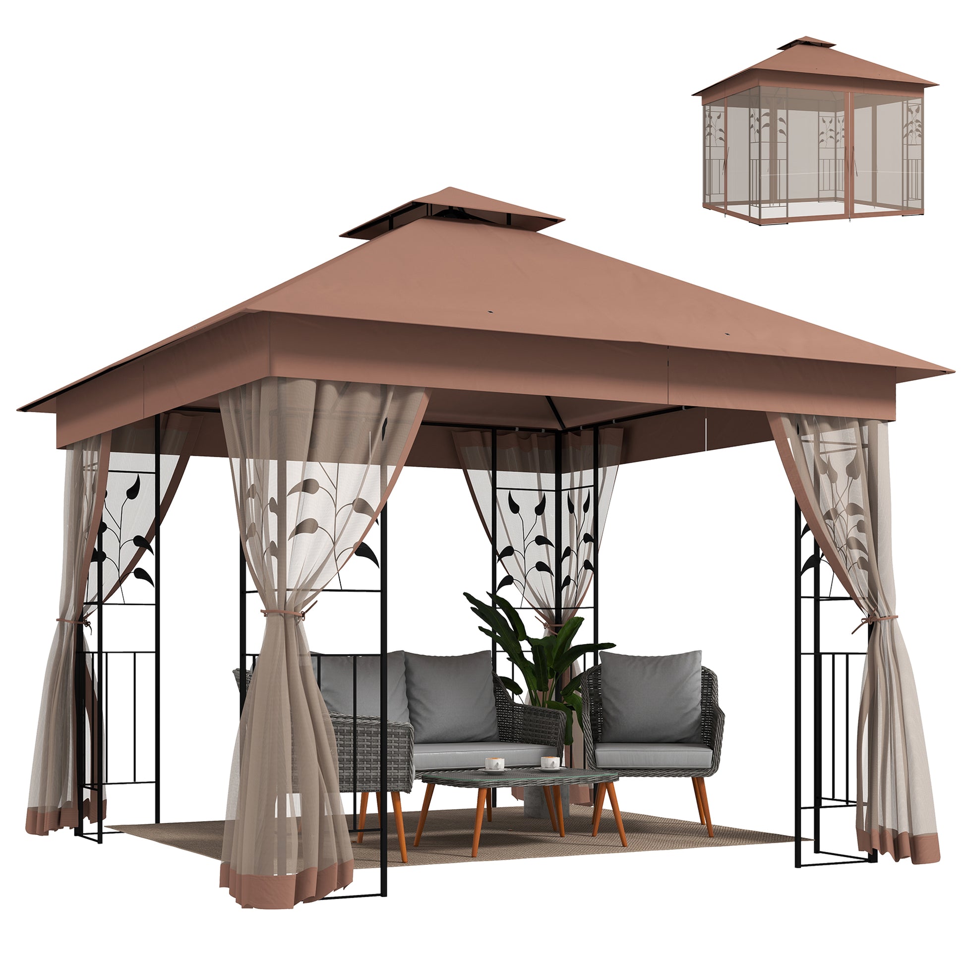 10'x10' Soft-top Steel Patio Gazebo Outdoor Sun Shelter with 2-Tier Polyester Roof, Curtain Sidewalls, Dark Brown-DECOROLALA