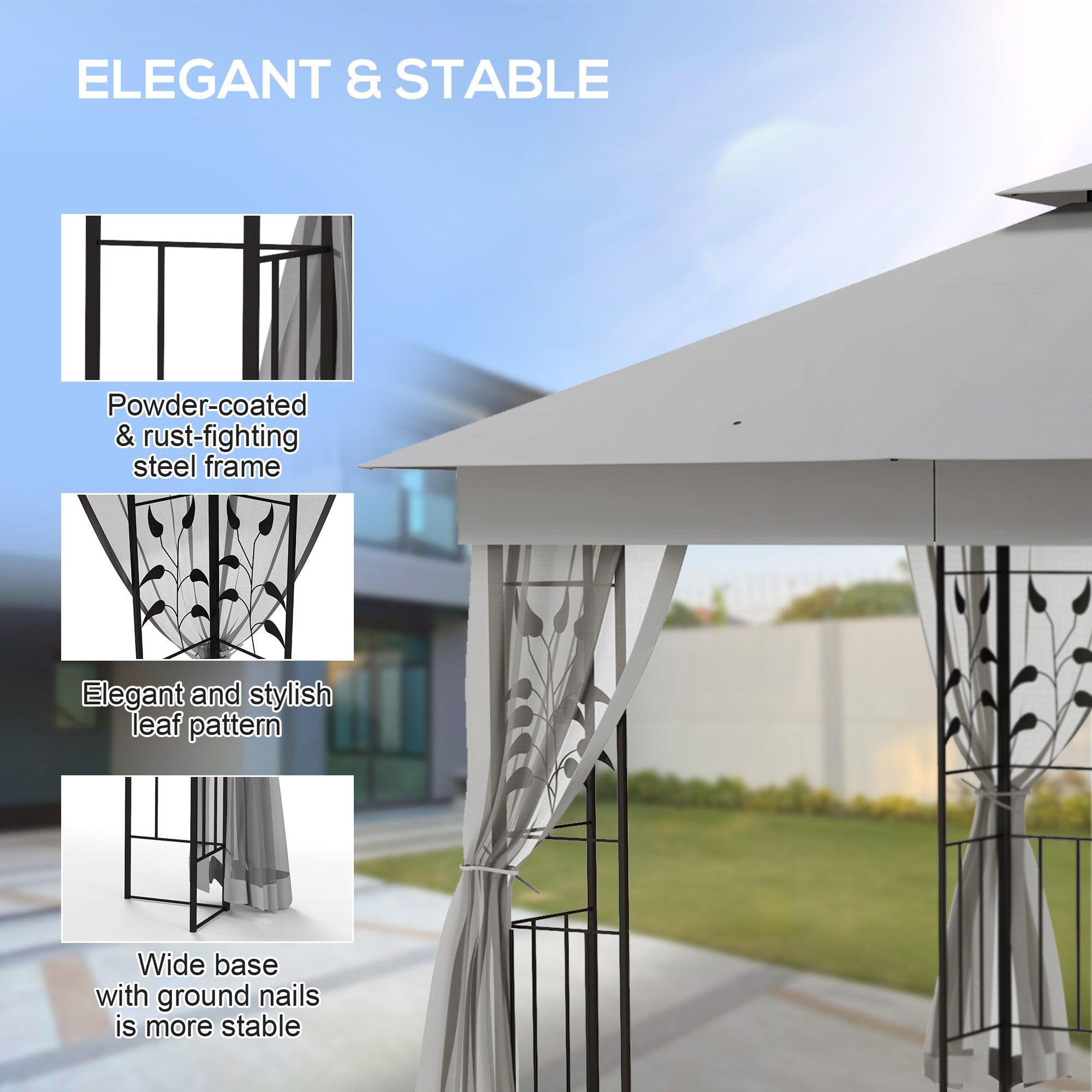 10'x10' Steel Patio Gazebo - 2-Tier Roof & Curtains, Grey-DECOROLALA