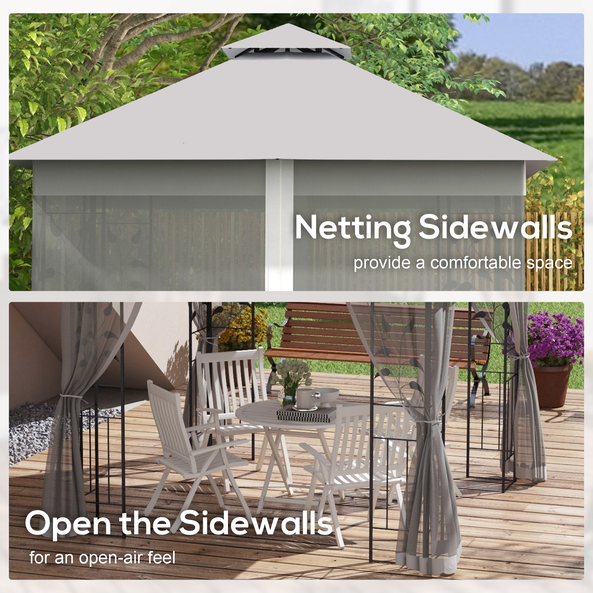 10'x10' Steel Patio Gazebo - 2-Tier Roof & Curtains, Grey-DECOROLALA