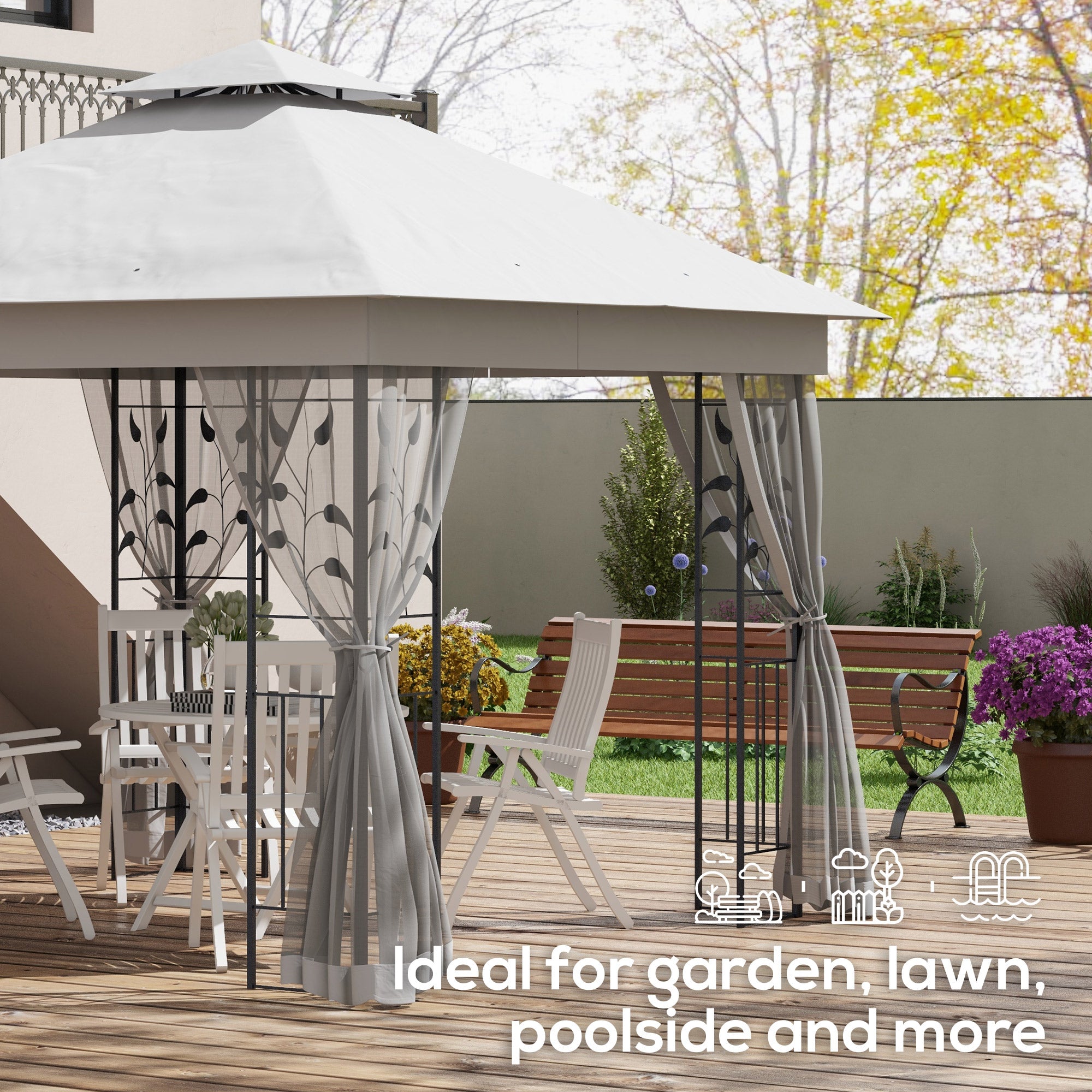 10'x10' Steel Patio Gazebo - 2-Tier Roof & Curtains, Grey-DECOROLALA