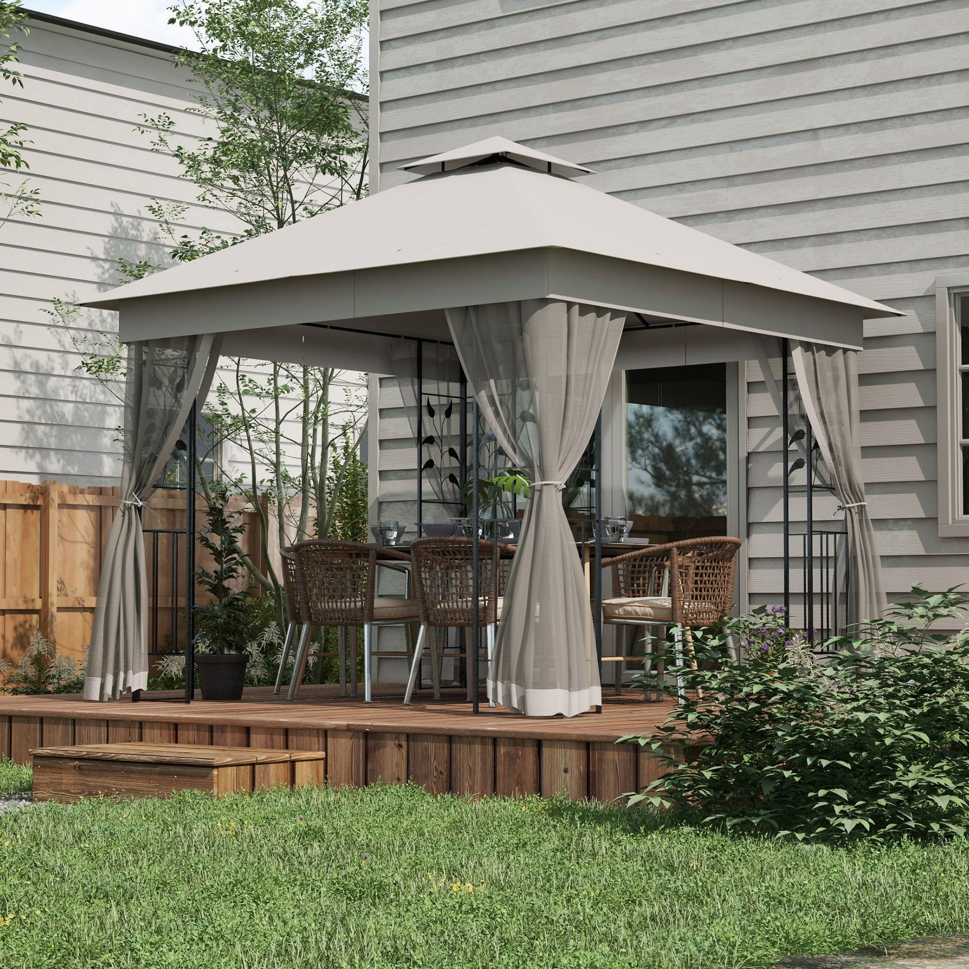 10'x10' Steel Patio Gazebo - 2-Tier Roof & Curtains, Grey-DECOROLALA