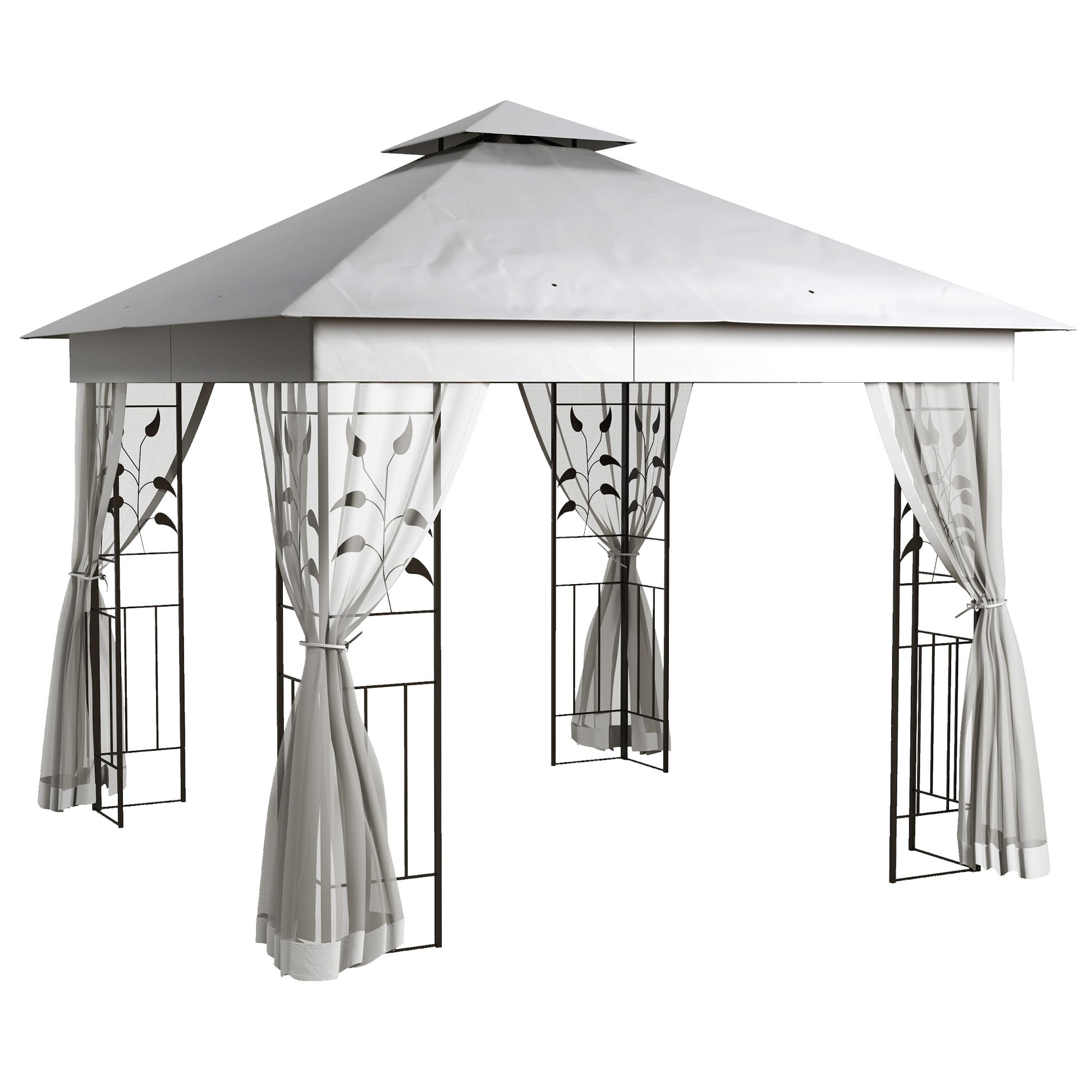 10'x10' Steel Patio Gazebo - 2-Tier Roof & Curtains, Grey-DECOROLALA