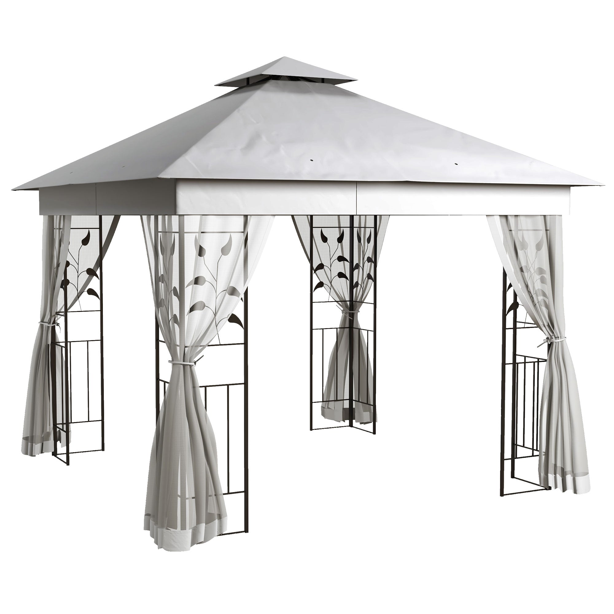 10'x10' Steel Patio Gazebo - 2-Tier Roof & Curtains, Grey-DECOROLALA