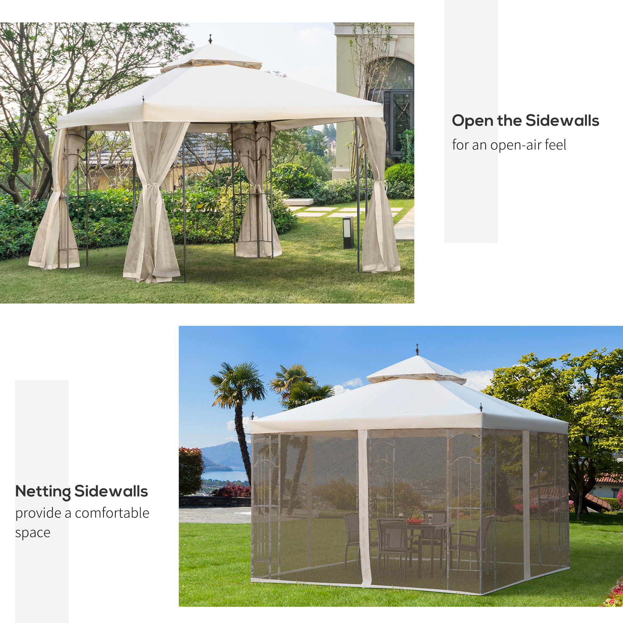 10x10 Steel Patio Gazebo - Beige Mesh Curtains-DECOROLALA