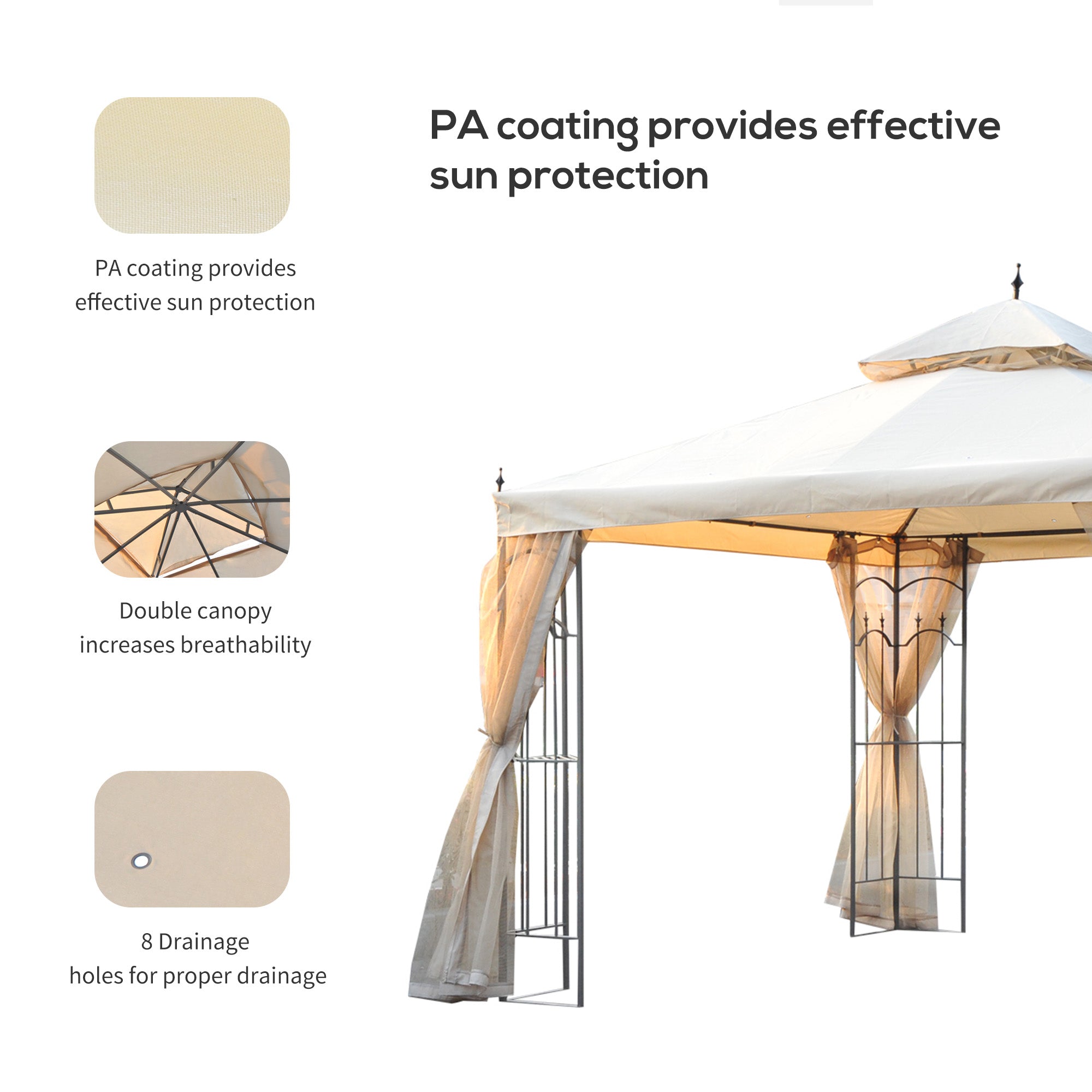 10x10 Steel Patio Gazebo - Beige Mesh Curtains-DECOROLALA