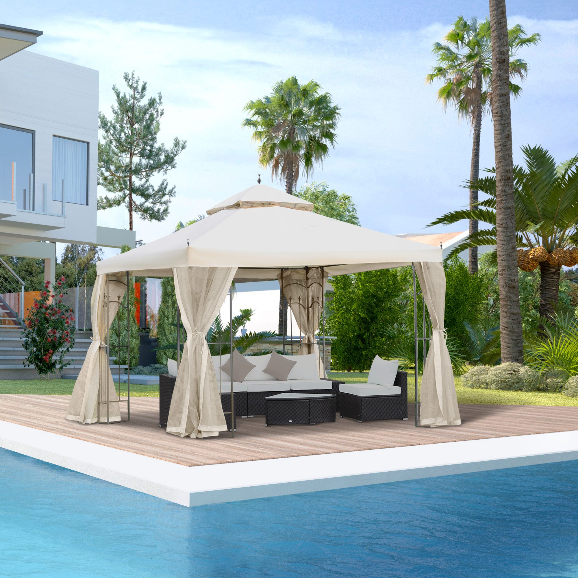 10x10 Steel Patio Gazebo - Beige Mesh Curtains-DECOROLALA