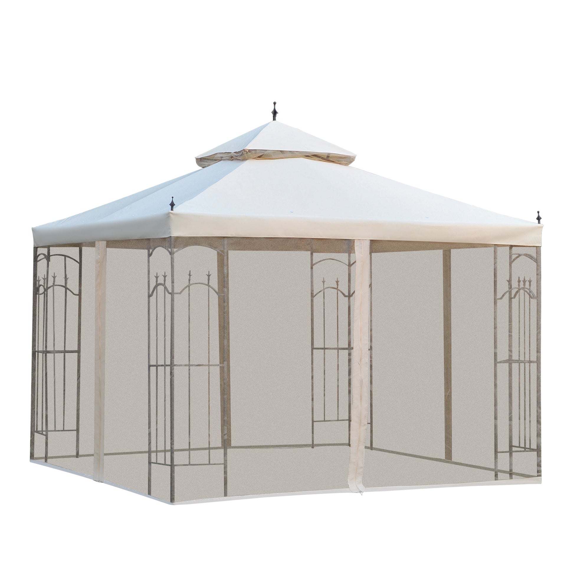 10x10 Steel Patio Gazebo - Beige Mesh Curtains-DECOROLALA