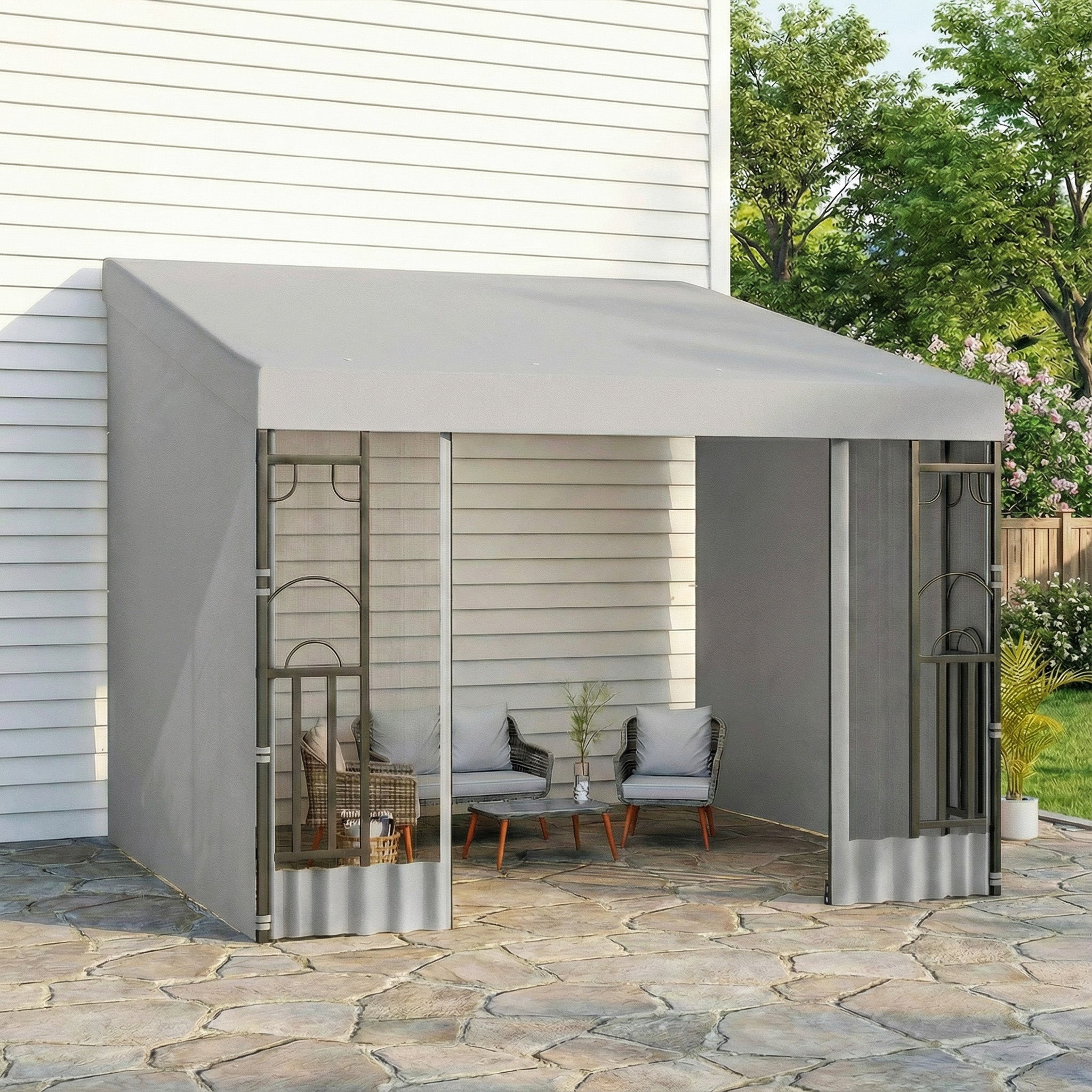 10'x10' UV Resistant Wall Pergola, Outdoor Gazebo with Curtains & Nettings-DECOROLALA