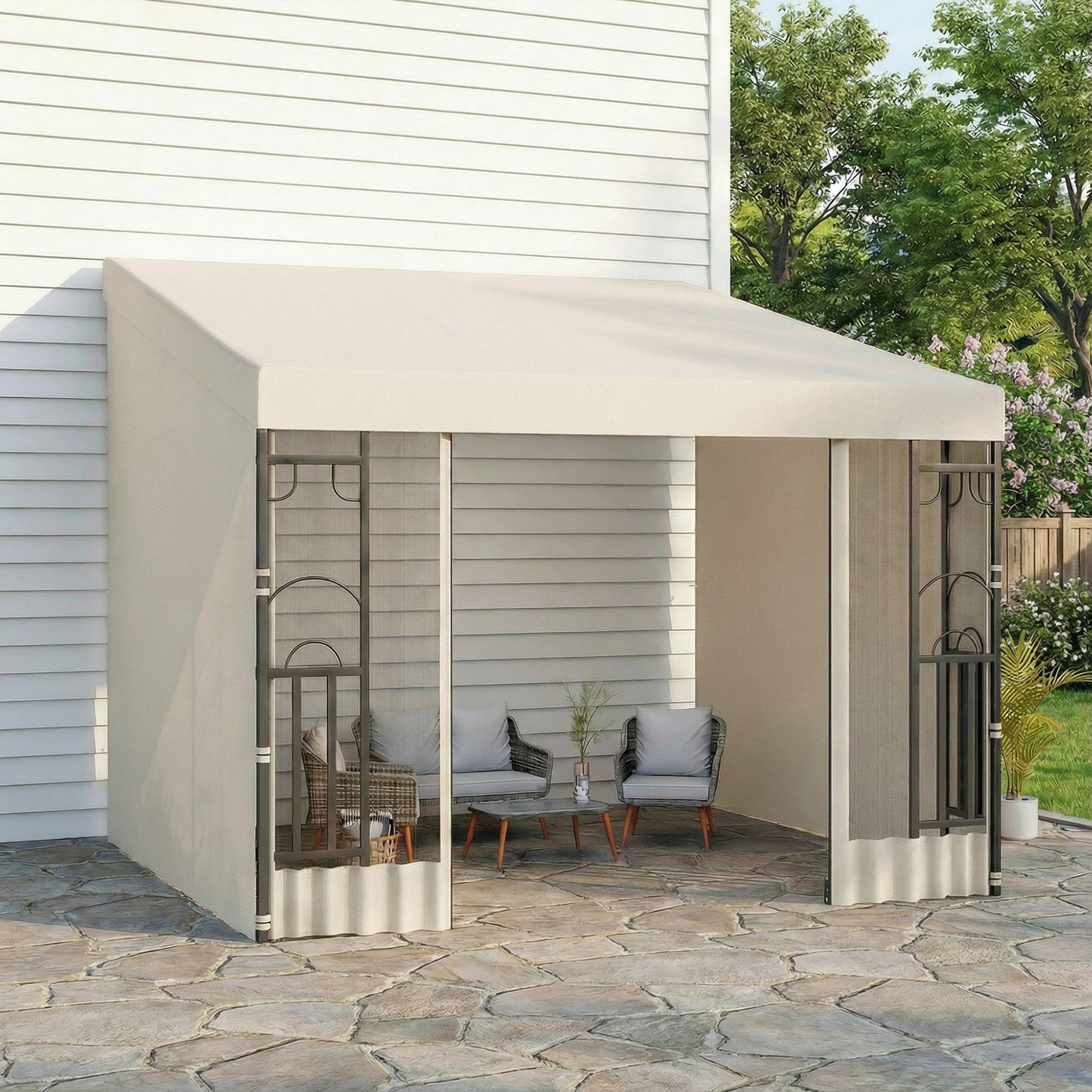 10'x10' UV Resistant Wall Pergola, Outdoor Gazebo with Curtains & Nettings-DECOROLALA