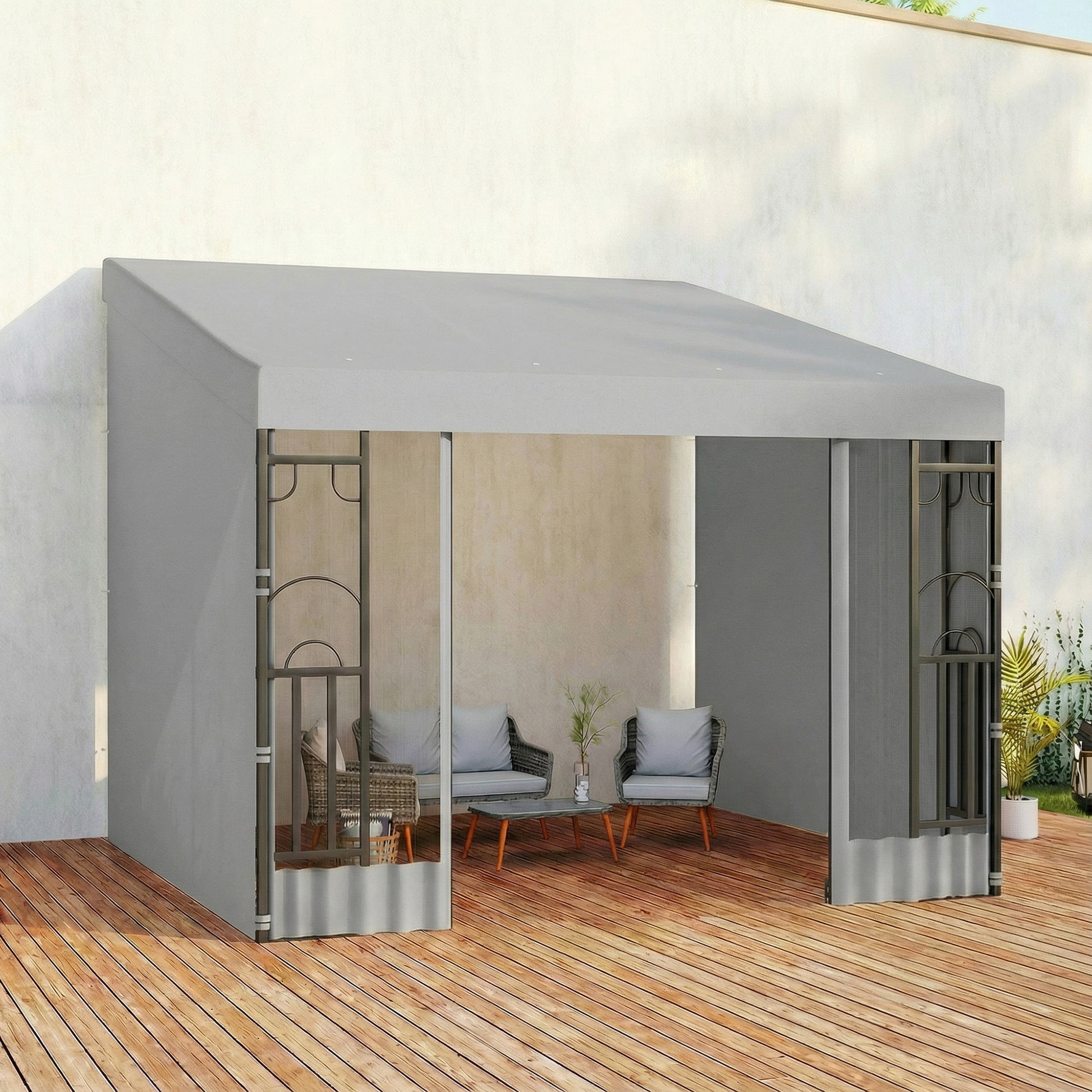 10'x10' UV Resistant Wall Pergola, Outdoor Gazebo with Curtains & Nettings-DECOROLALA