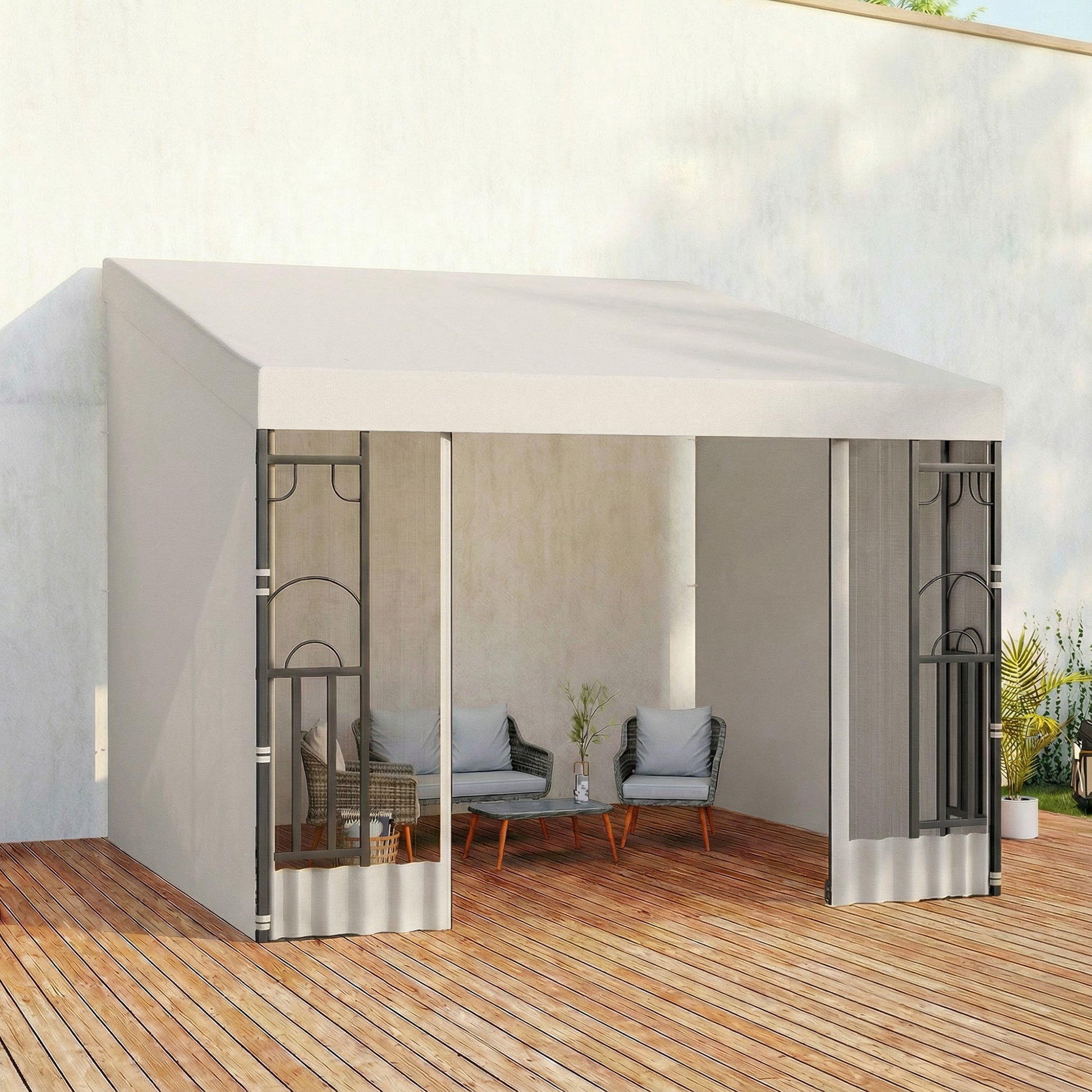 10'x10' UV Resistant Wall Pergola, Outdoor Gazebo with Curtains & Nettings-DECOROLALA