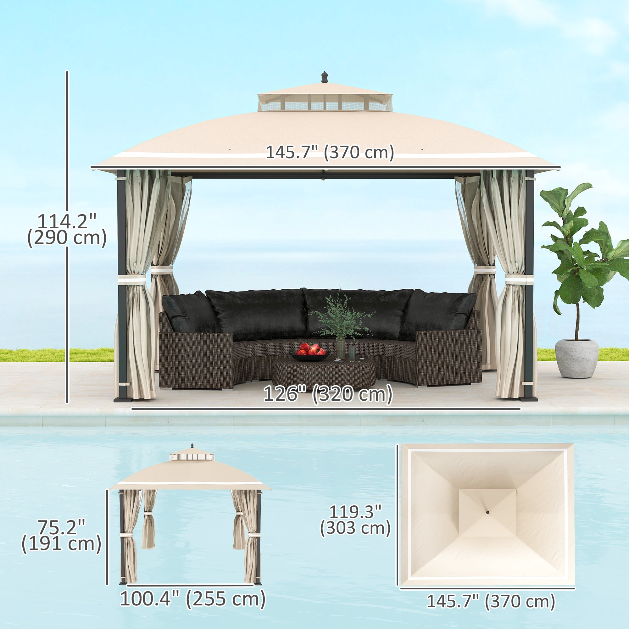 10'x12' Double Roof Gazebo with Netting & Curtains for Garden Patio-DECOROLALA