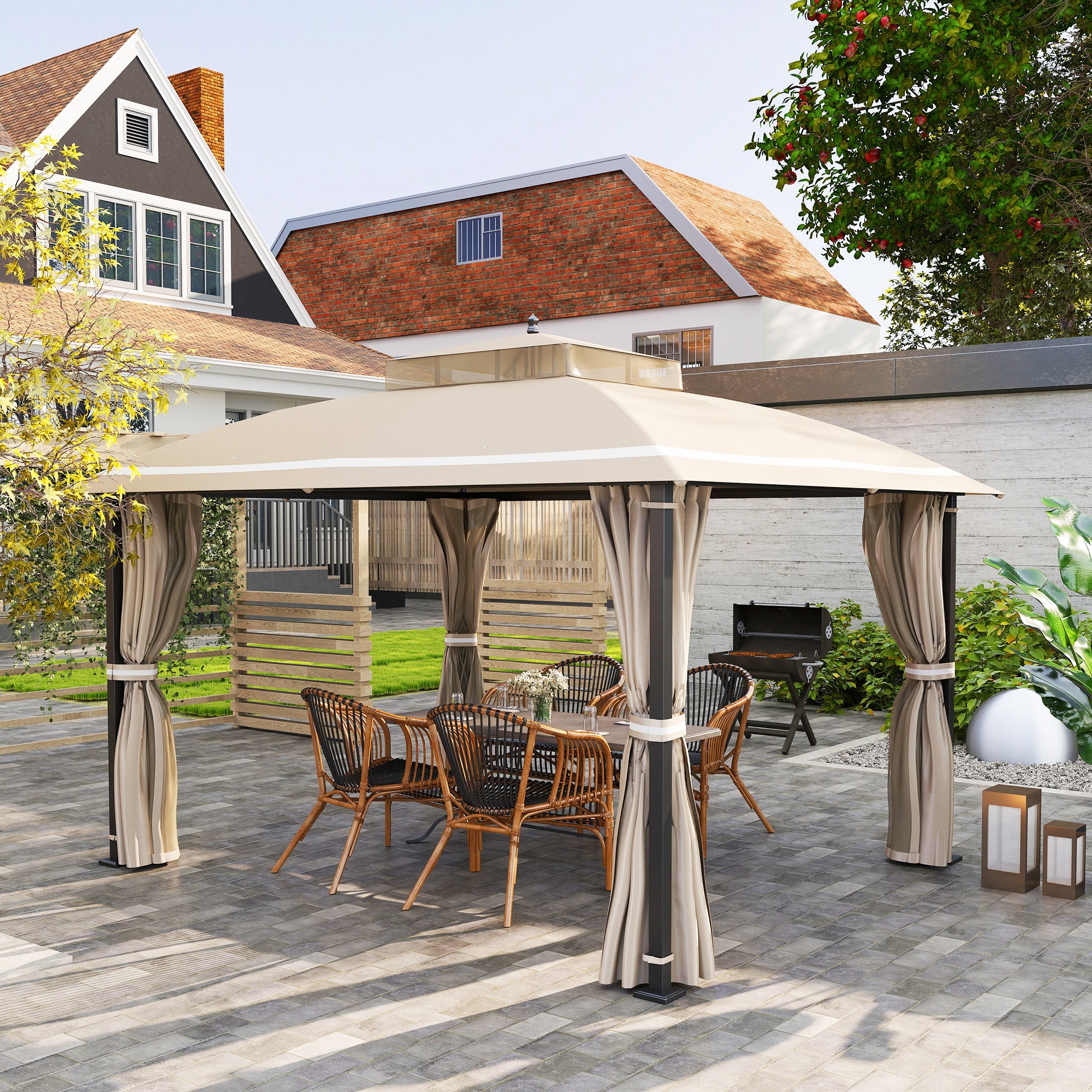10'x12' Double Roof Gazebo with Netting & Curtains for Garden Patio-DECOROLALA