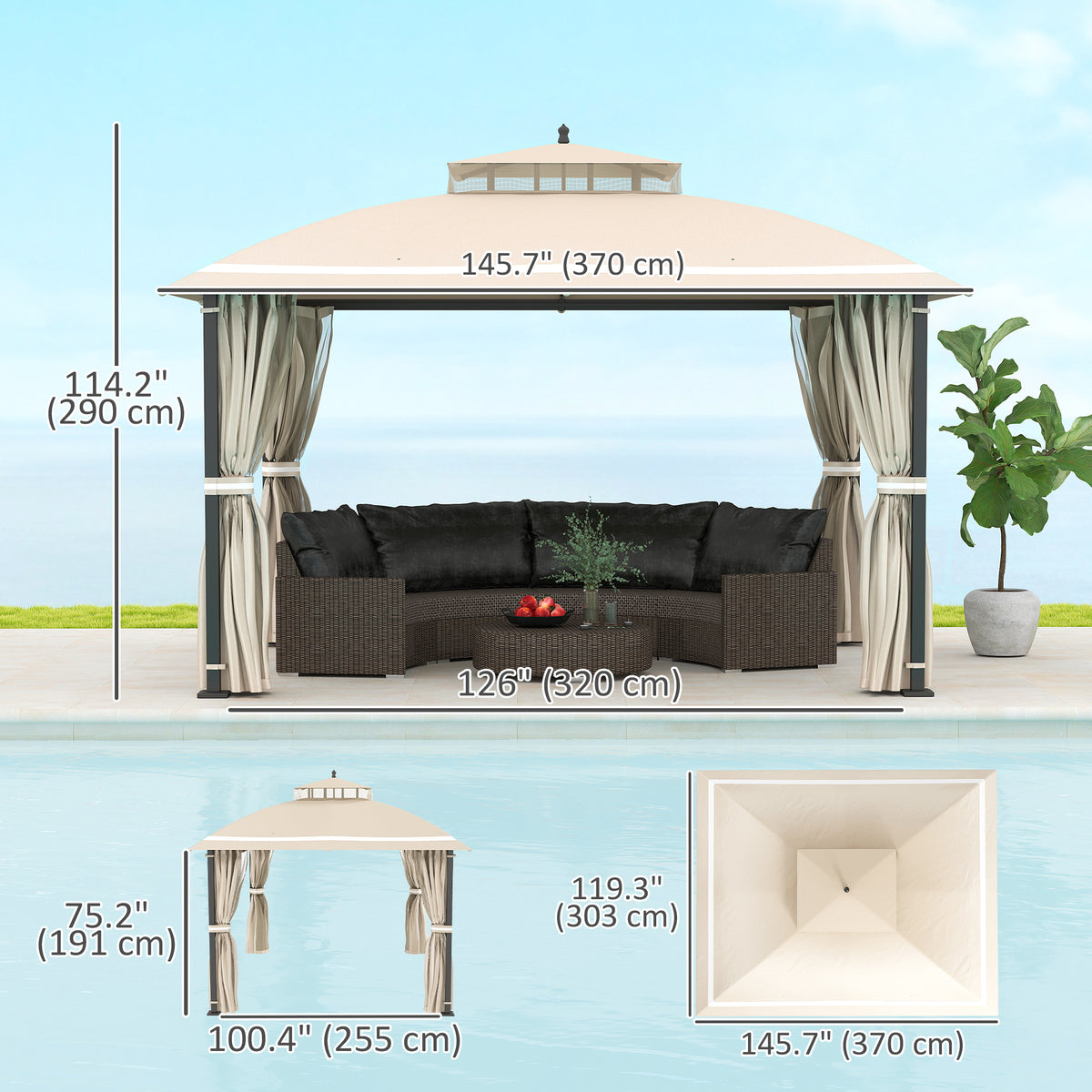 10'x12' Double Roof Gazebo with Netting & Curtains for Garden Patio-Gazebos-DECOROLALA