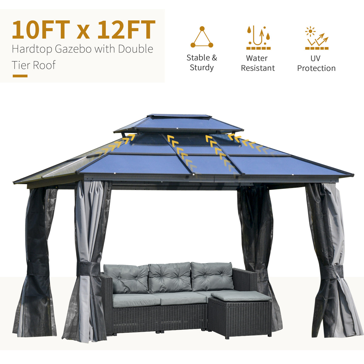 10'x12' Hardtop Patio Gazebo - Aluminum, Double Tier-Gazebos-DECOROLALA