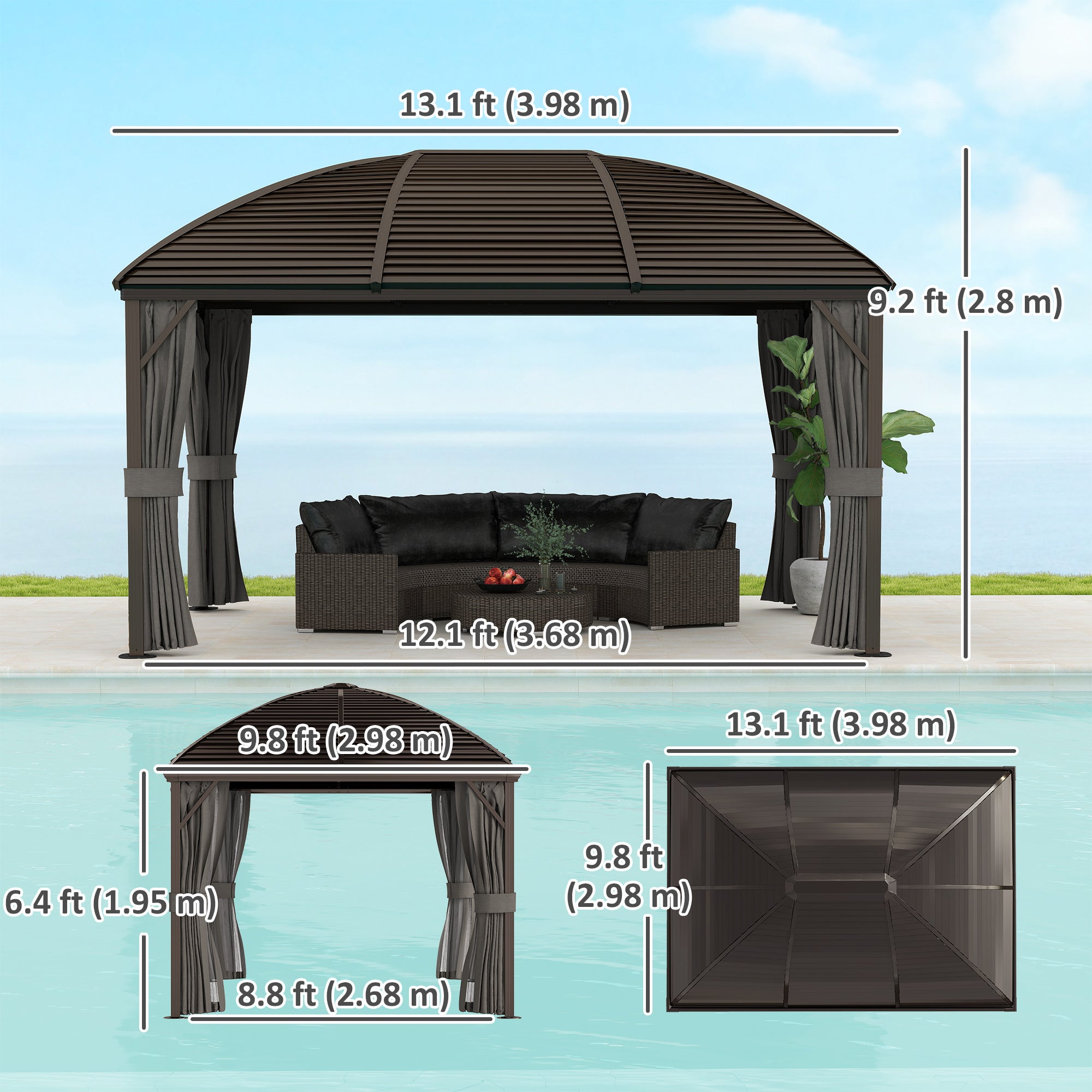 10x13 Hardtop Gazebo - Aluminum Outdoor Canopy Dark Grey-DECOROLALA