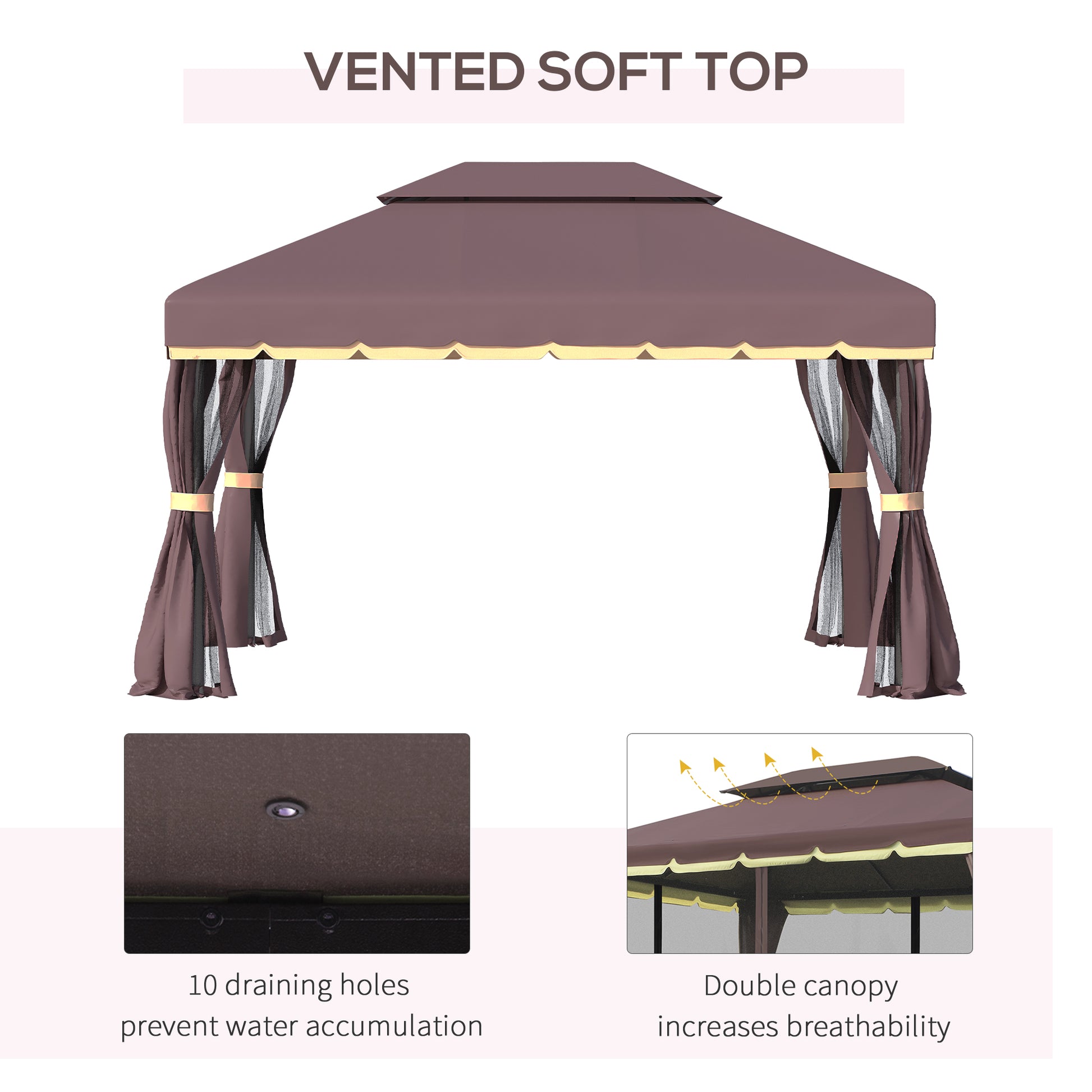 10x13ft Gazebo Canopy Shelter, Aluminum Frame, Coffee, UV Resistant-DECOROLALA