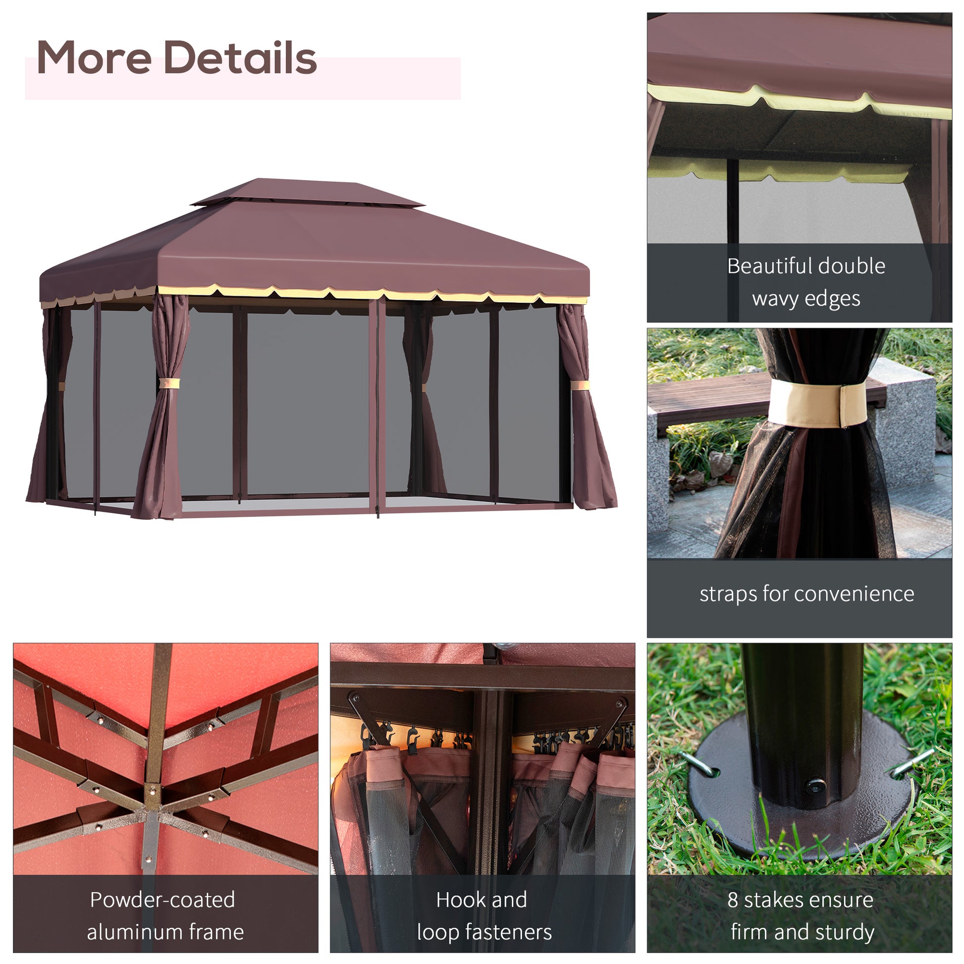 10x13ft Gazebo Canopy Shelter, Aluminum Frame, Coffee, UV Resistant-DECOROLALA