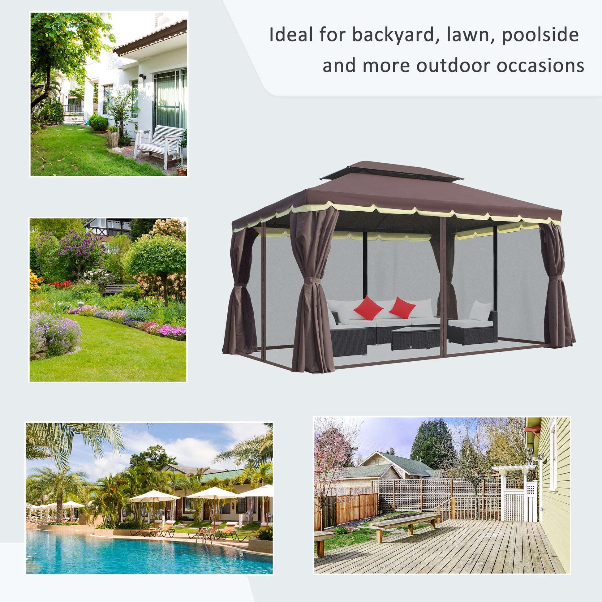 10x13ft Gazebo Canopy Shelter, Aluminum Frame, Coffee, UV Resistant-DECOROLALA