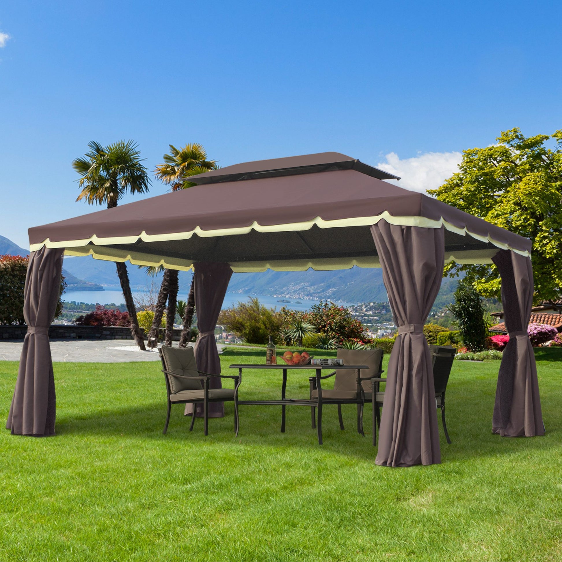 10x13ft Gazebo Canopy Shelter, Aluminum Frame, Coffee, UV Resistant-DECOROLALA