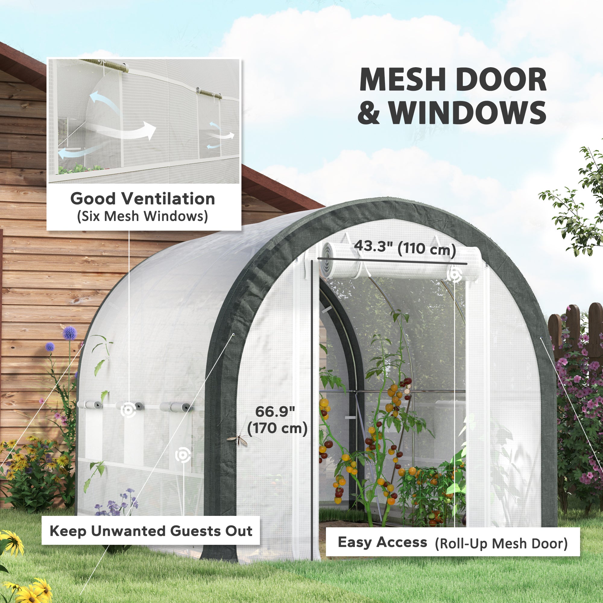 10'x6.6'x6.6' Tunnel Greenhouse - White Mesh Door-DECOROLALA