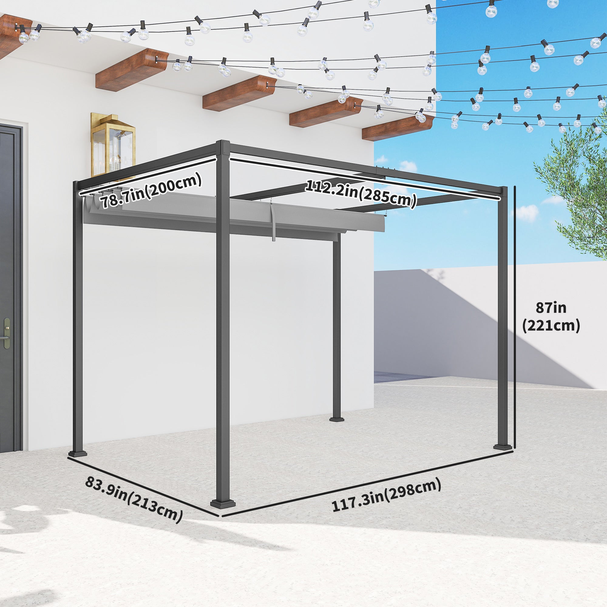 10x7ft Pergola with Retractable Roof - Grey Metal Gazebo-DECOROLALA
