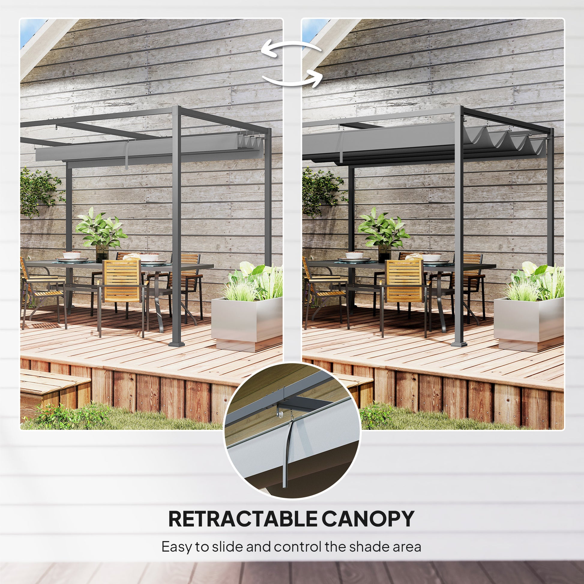 10x7ft Pergola with Retractable Roof - Grey Metal Gazebo-DECOROLALA
