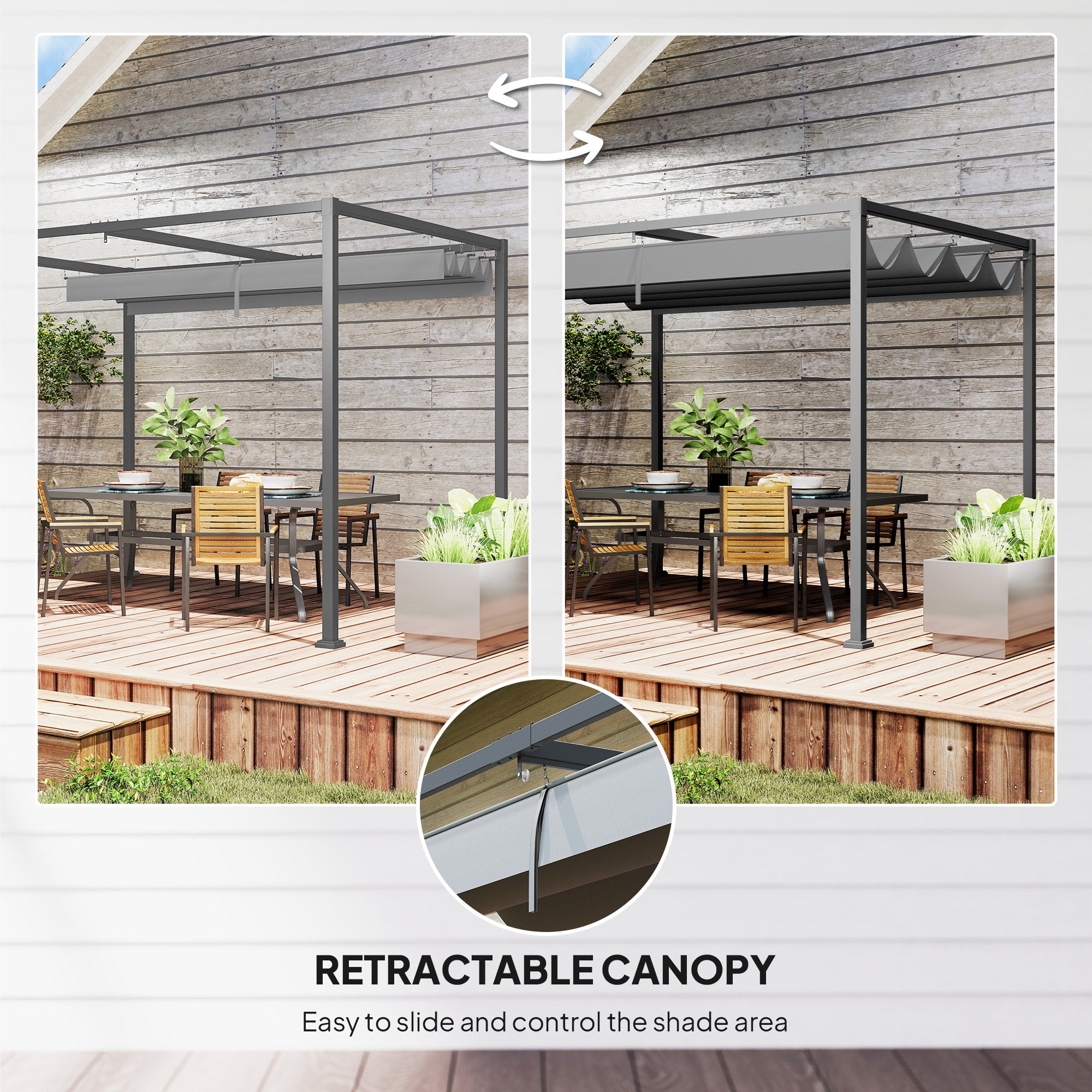 10x7ft Pergola with Retractable Roof - Grey Metal Gazebo-DECOROLALA