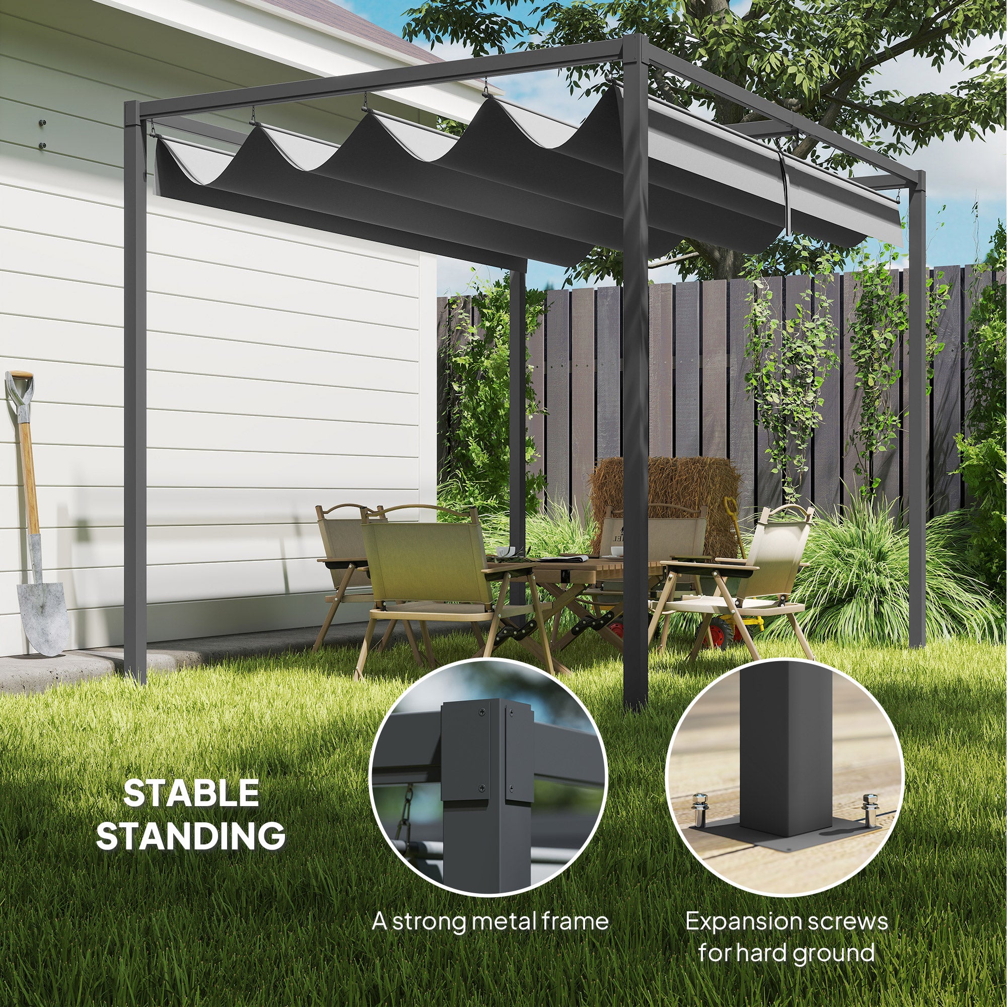 10x7ft Pergola with Retractable Roof - Grey Metal Gazebo-DECOROLALA