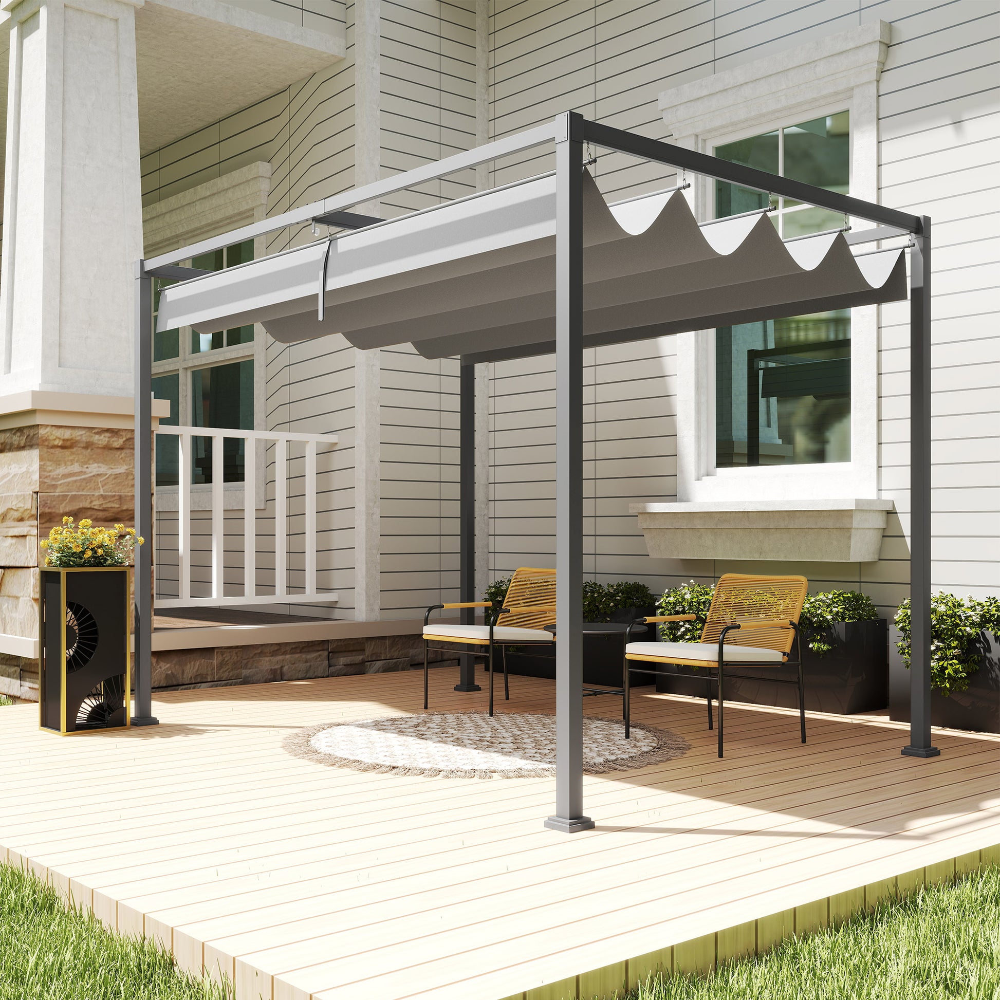 10x7ft Pergola with Retractable Roof - Grey Metal Gazebo-DECOROLALA