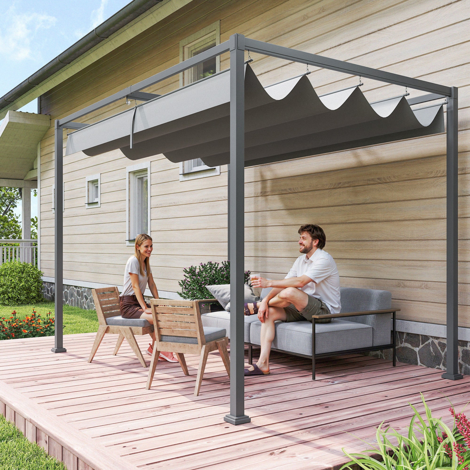 10x7ft Pergola with Retractable Roof - Grey Metal Gazebo-DECOROLALA