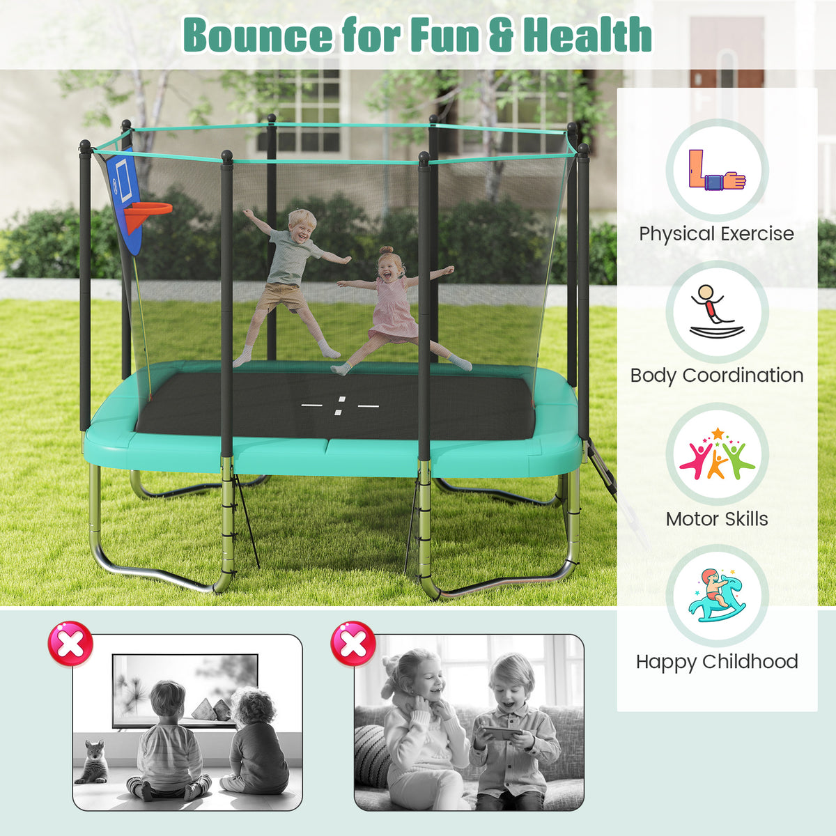 10x8 FT Rectangle Outdoor Trampoline with Basketball Hoop and Net-Trampolines-DECOROLALA