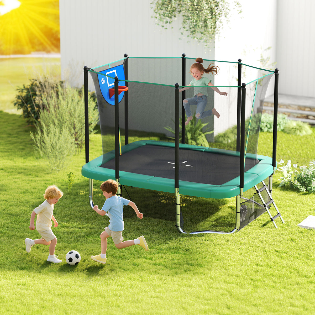 10x8 FT Rectangle Outdoor Trampoline with Basketball Hoop and Net-Trampolines-DECOROLALA