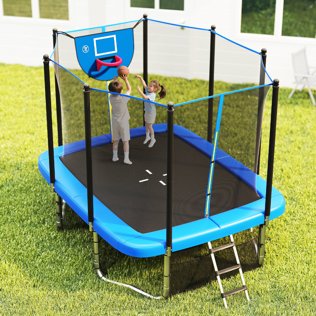 10x8 FT Rectangle Outdoor Trampoline with Basketball Hoop and Net-Trampolines-DECOROLALA
