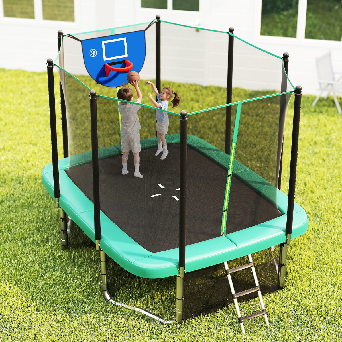 10x8 FT Rectangle Outdoor Trampoline with Basketball Hoop and Net-Trampolines-DECOROLALA