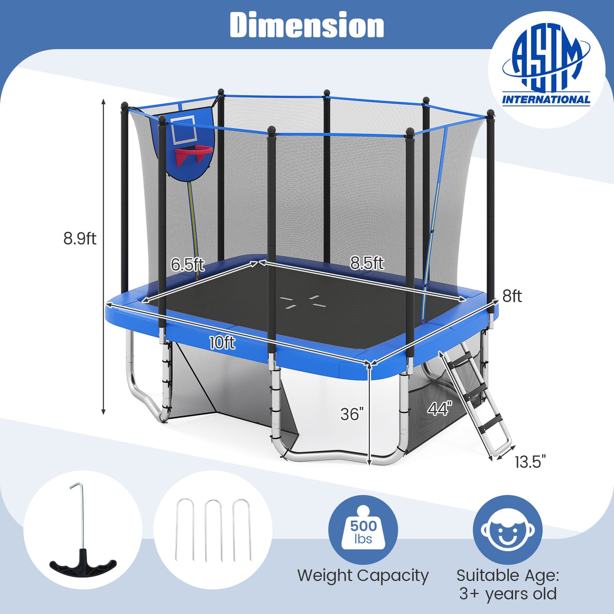 10x8 FT Rectangle Outdoor Trampoline with Basketball Hoop and Net-Trampolines-DECOROLALA