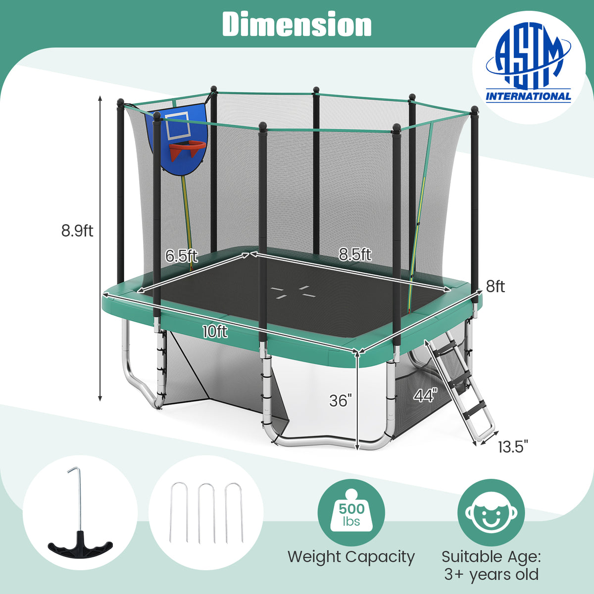 10x8 FT Rectangle Outdoor Trampoline with Basketball Hoop and Net-Trampolines-DECOROLALA