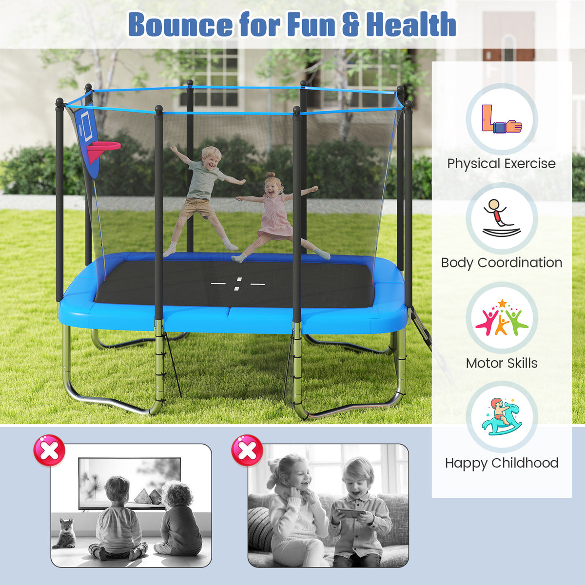 10x8 FT Rectangle Outdoor Trampoline with Basketball Hoop and Net-Trampolines-DECOROLALA