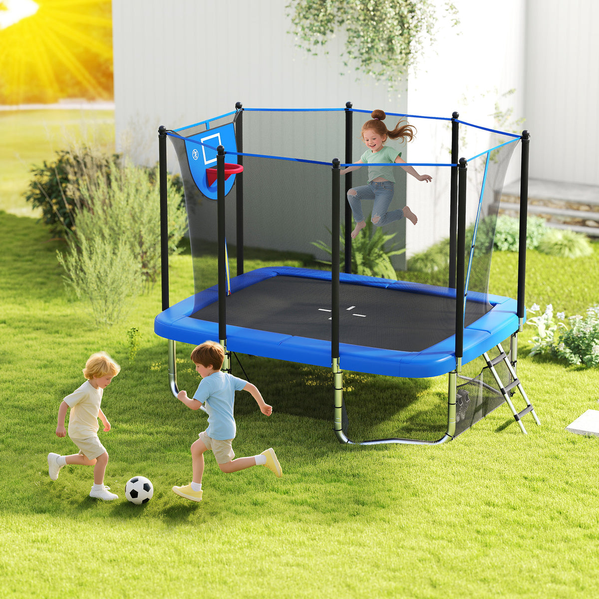 10x8 FT Rectangle Outdoor Trampoline with Basketball Hoop and Net-Trampolines-DECOROLALA