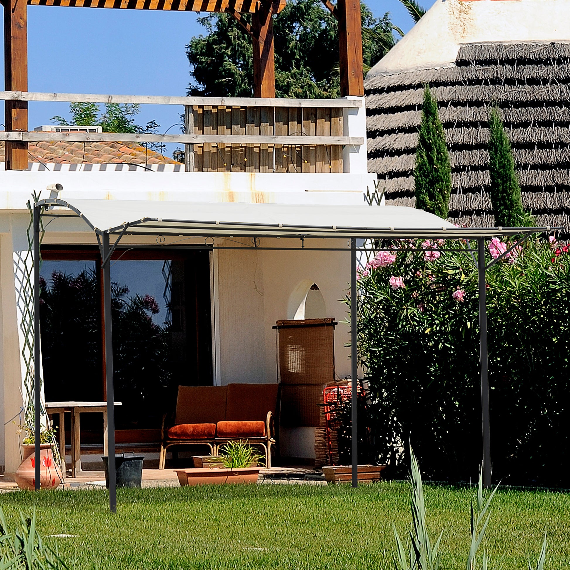 10x8ft Patio Metal Gazebo with Extendable Awning - Cream White-DECOROLALA