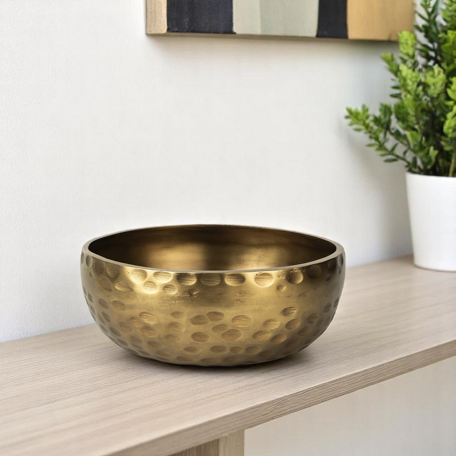 11" Antiqued Brass Hammered Artisan Round Centerpiece Bowl-Serving Bowls-DECOROLALA