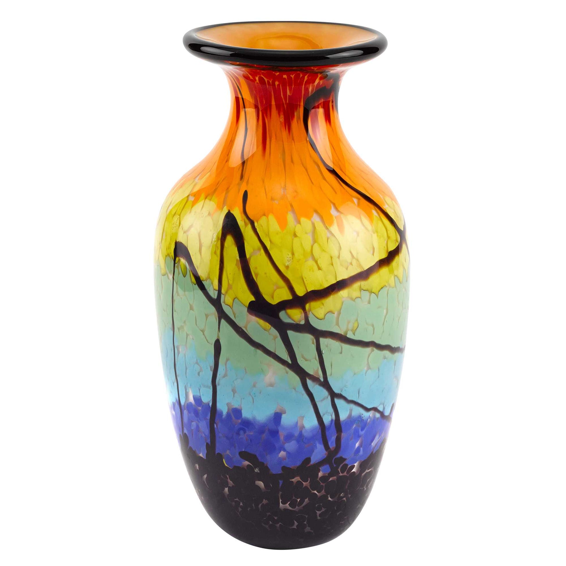 11" Black Blue Red And Yellow Abstract Urn Handblown Glass Table Vase-Vases-DECOROLALA