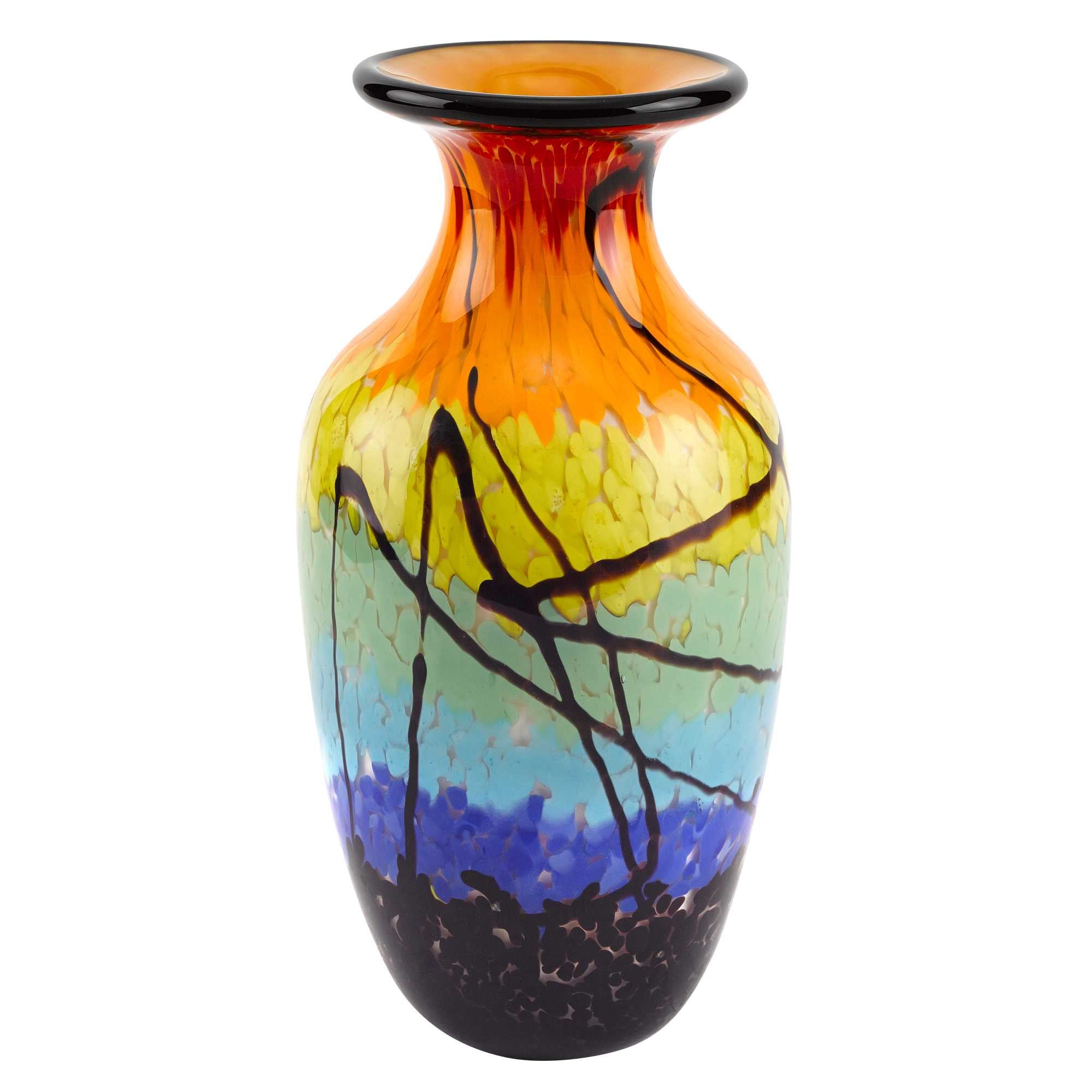 11" Black Blue Red And Yellow Abstract Urn Handblown Glass Table Vase-Vases-DECOROLALA